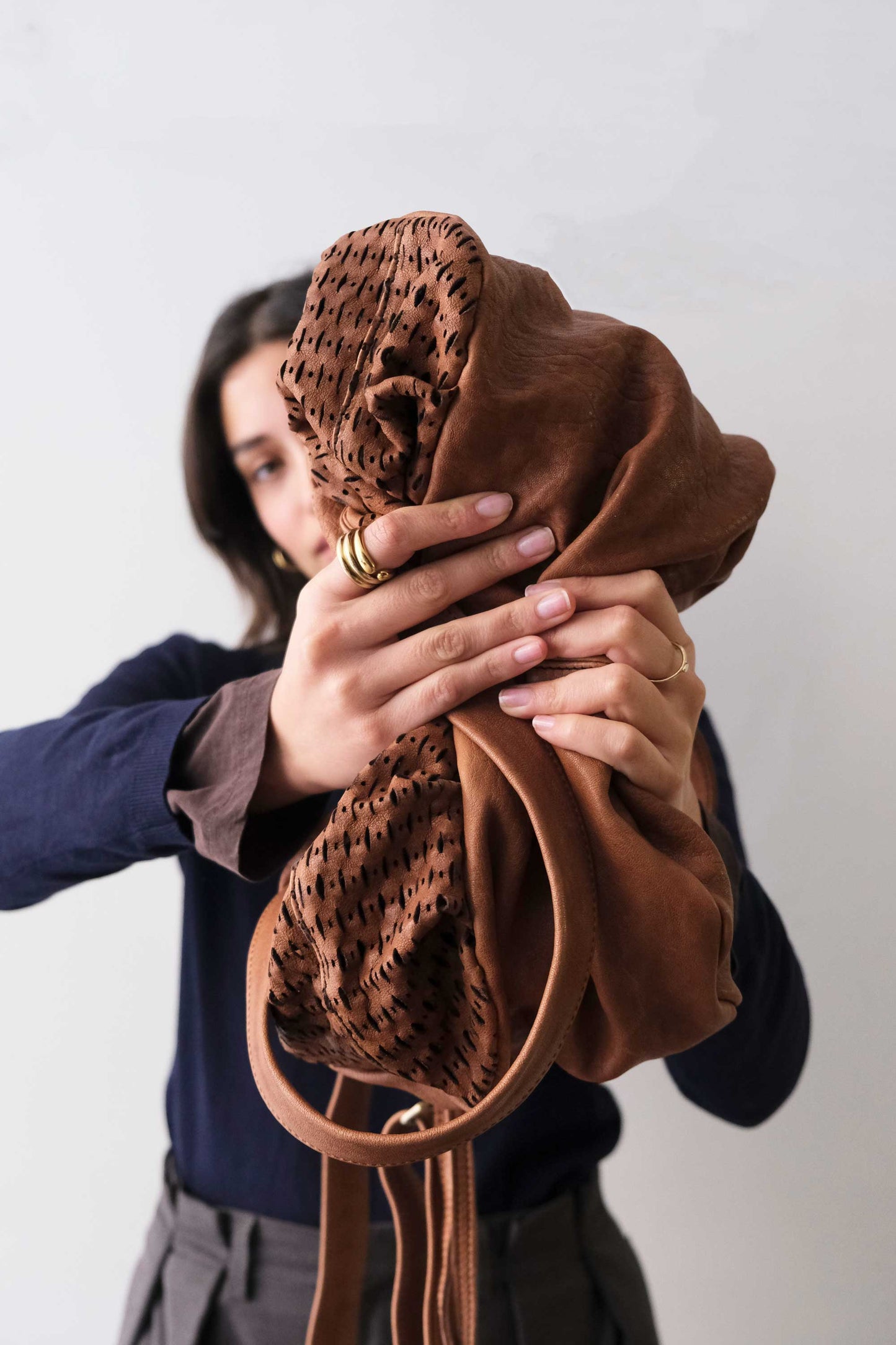 Betty tote in chocolate perforated giunco nappa leather - Made in Italy -