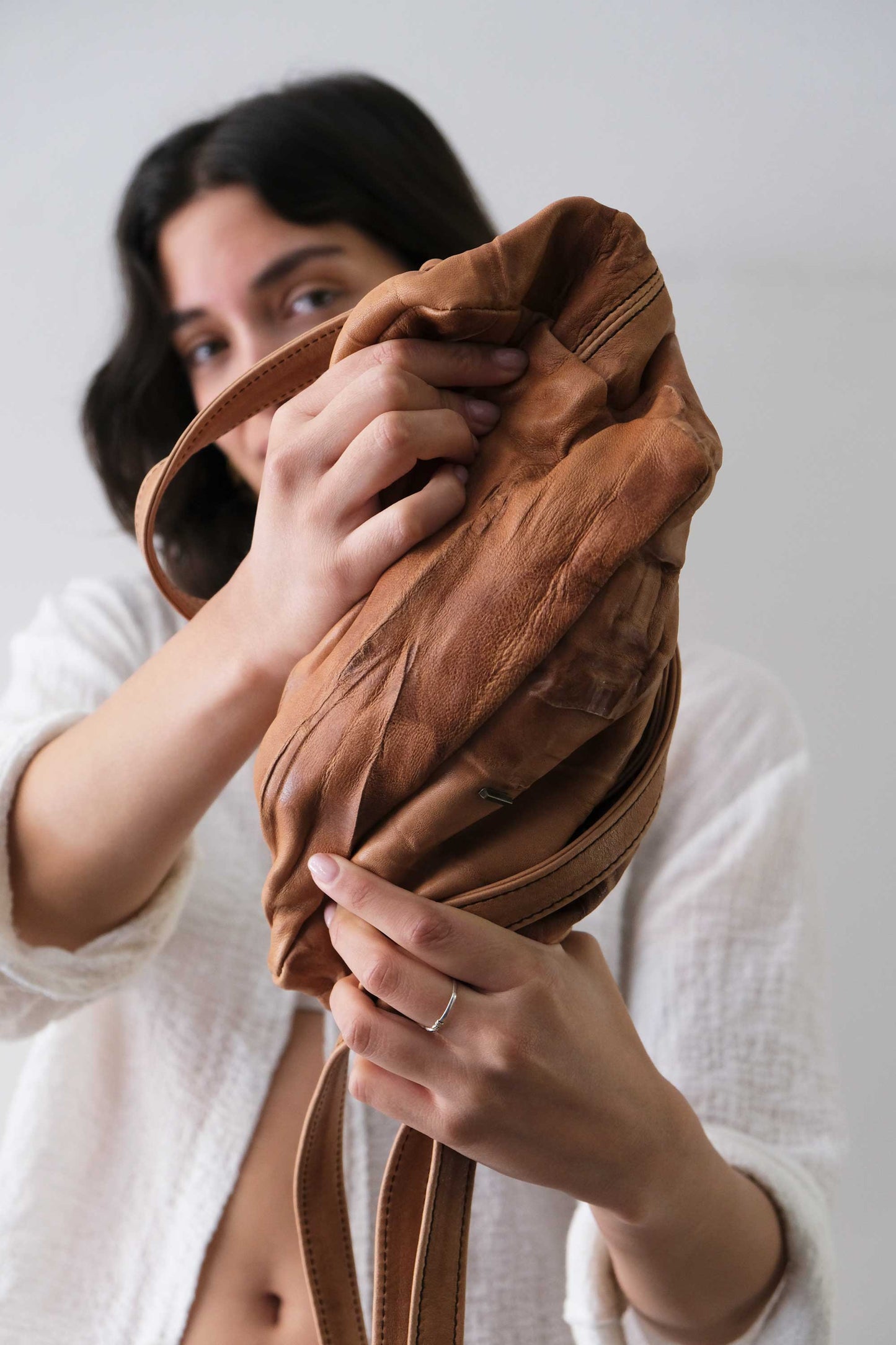 Bobo top handle bag in cognac nappa lomè soft leather - Made in Italy -