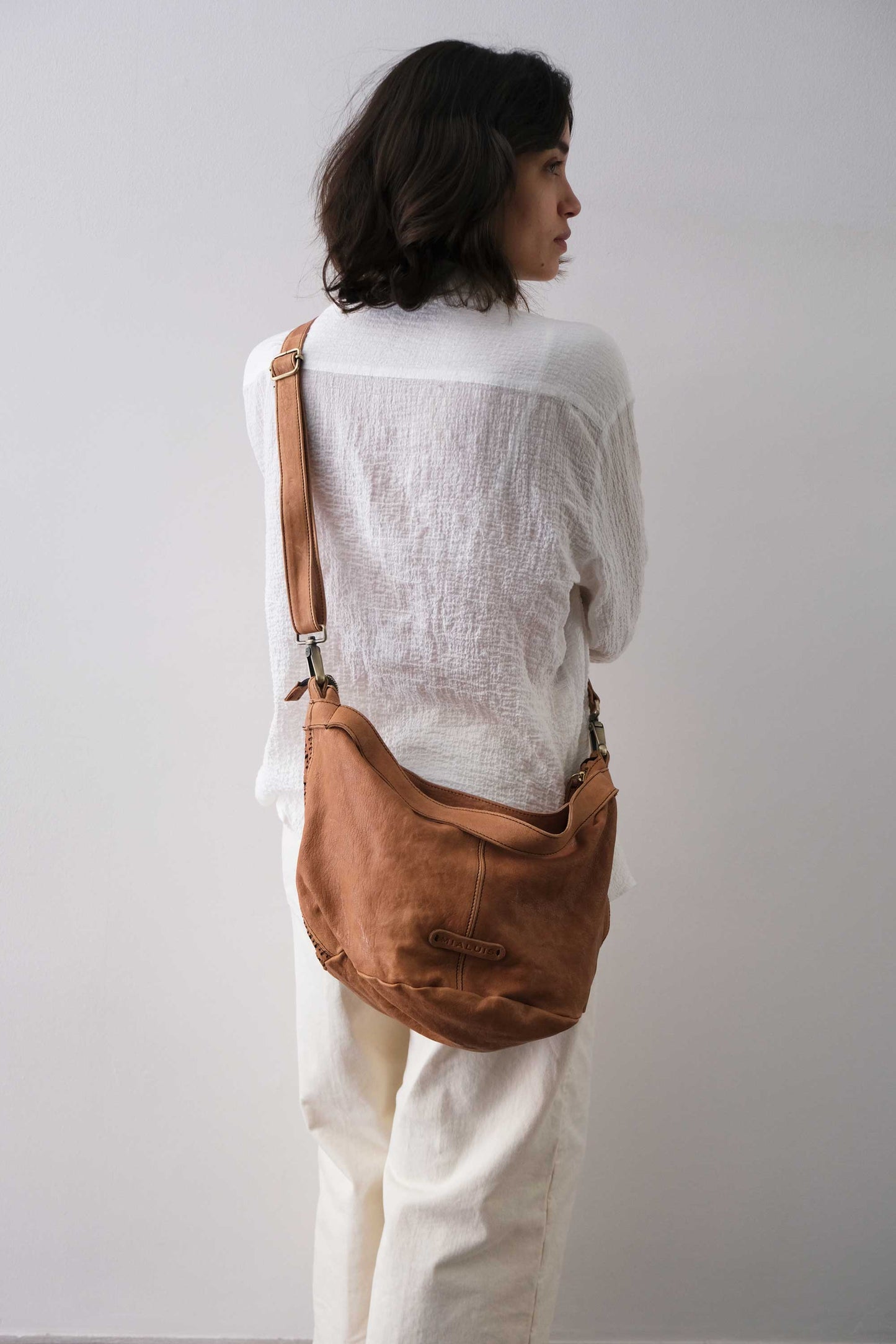 Carola bag cognac in morbida nappa traforata giunco - Made in Italy -