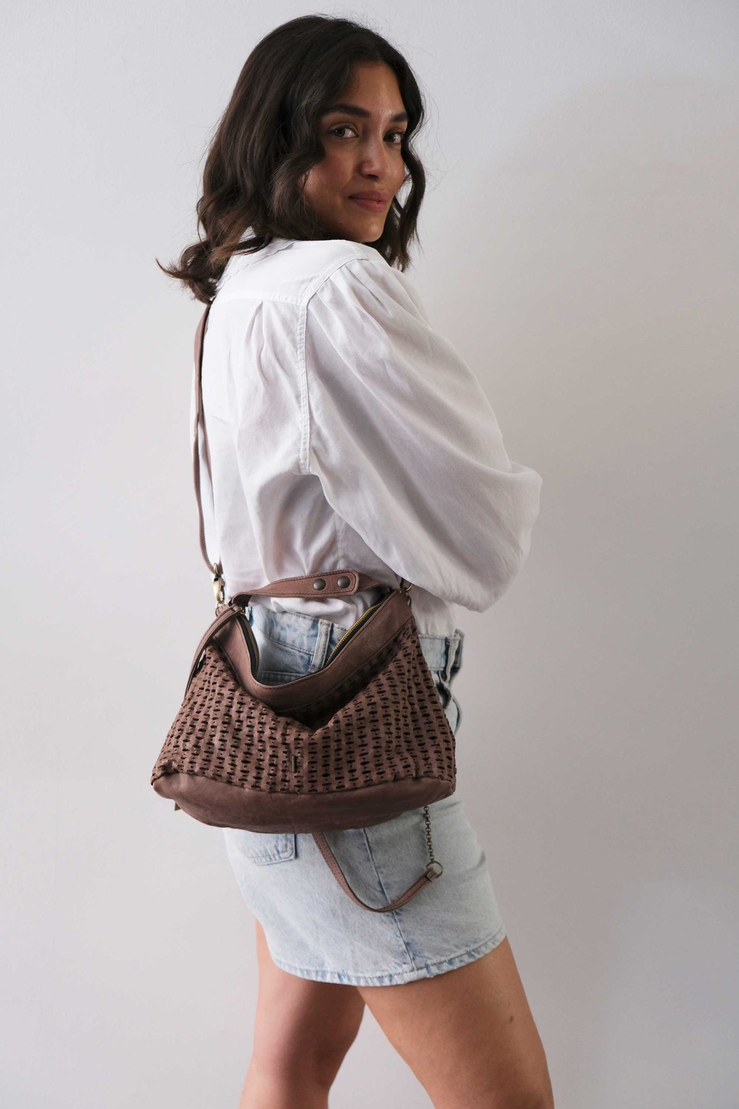 Chicca Media hobo bag in taupe perforated giunco nappa - Made in Italy -