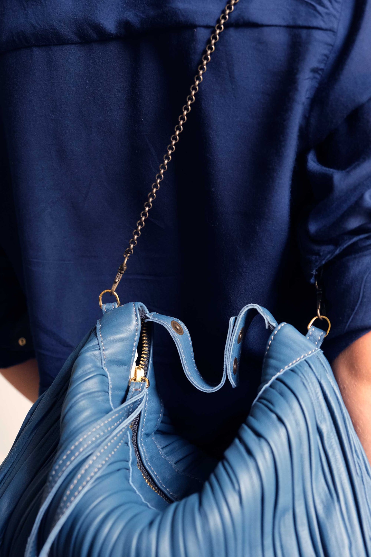 Chicca Media hobo bag in denim pleated leather