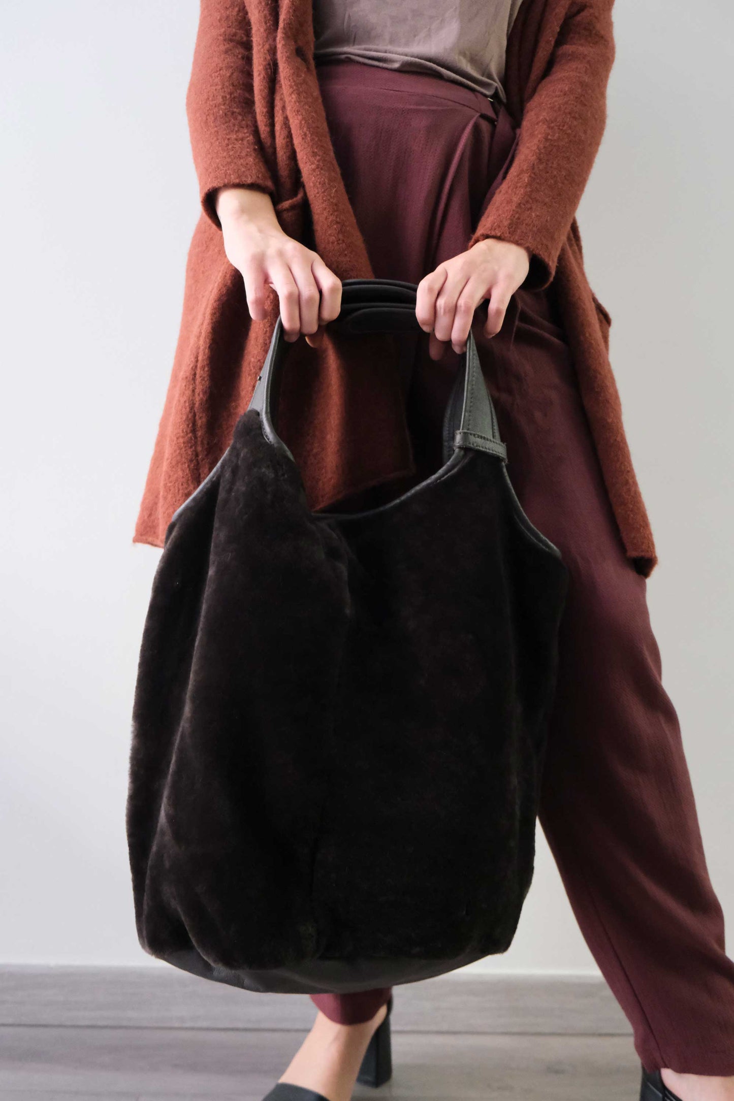 Lena tote bag in brown shearling leather - Made in Italy -