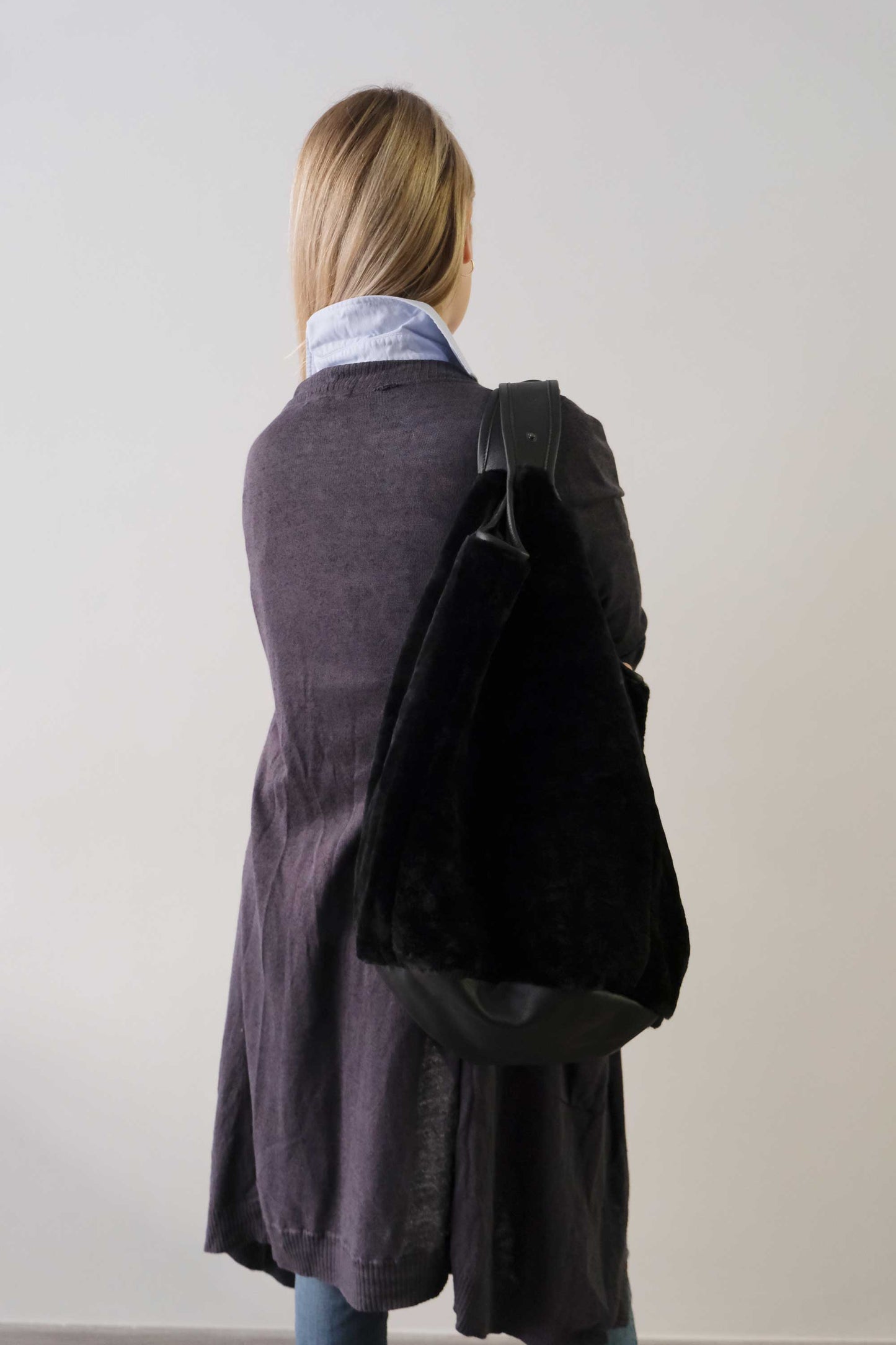 Lena tote bag in black shearling leather - Made in Italy -