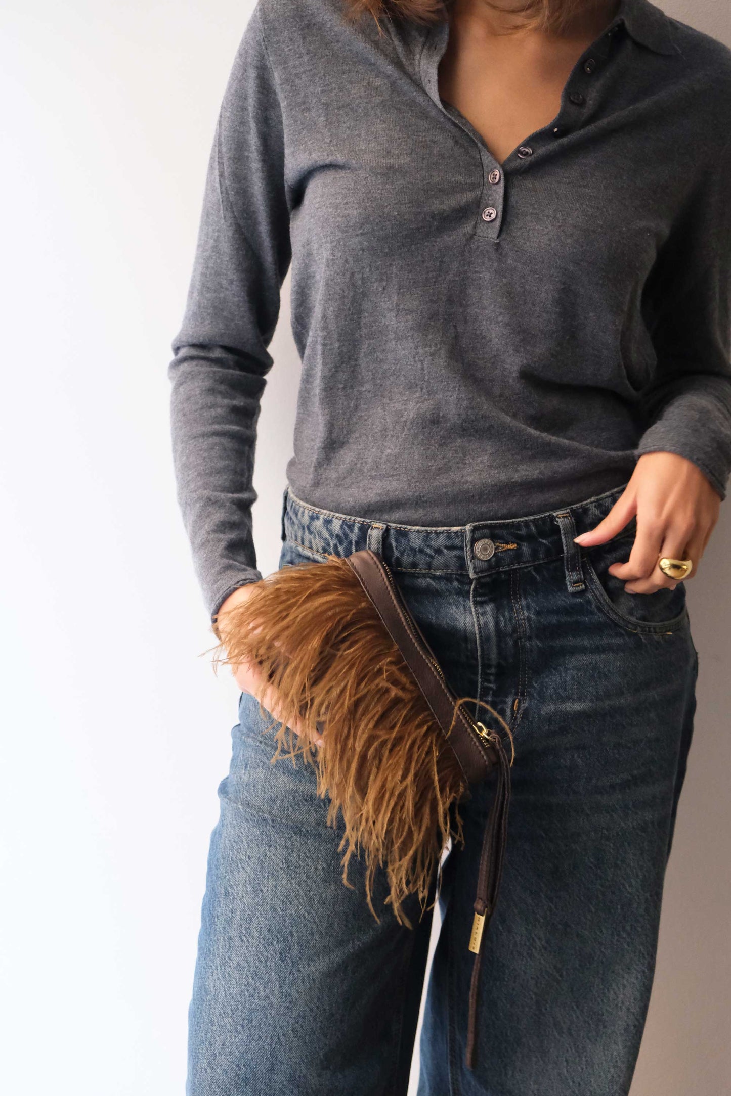 Olga pochette in brown nappa leather with moss feathers - Made in Italy -