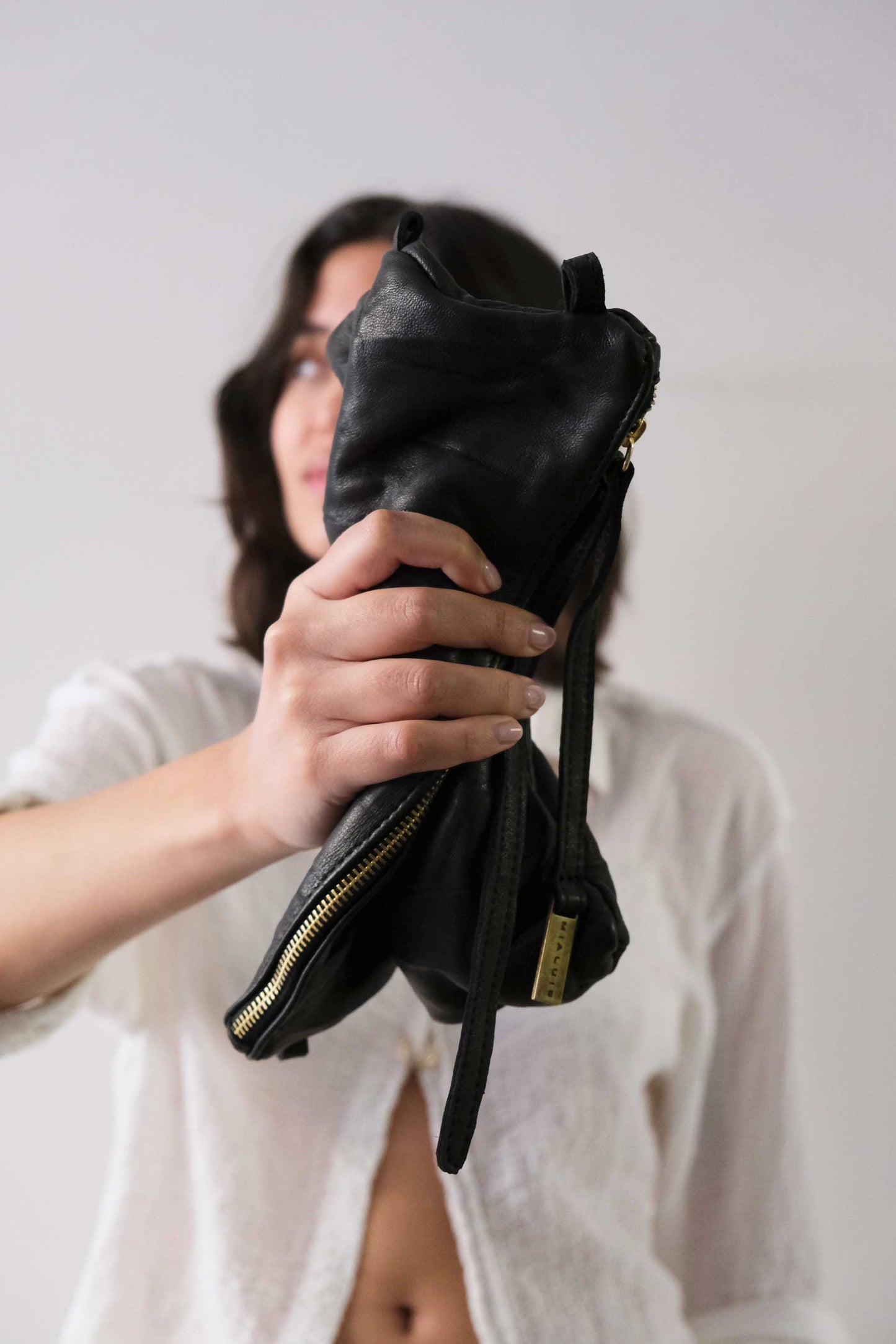 Stella modular pochette in black nappa washed soft leather leather - Made in Italy -