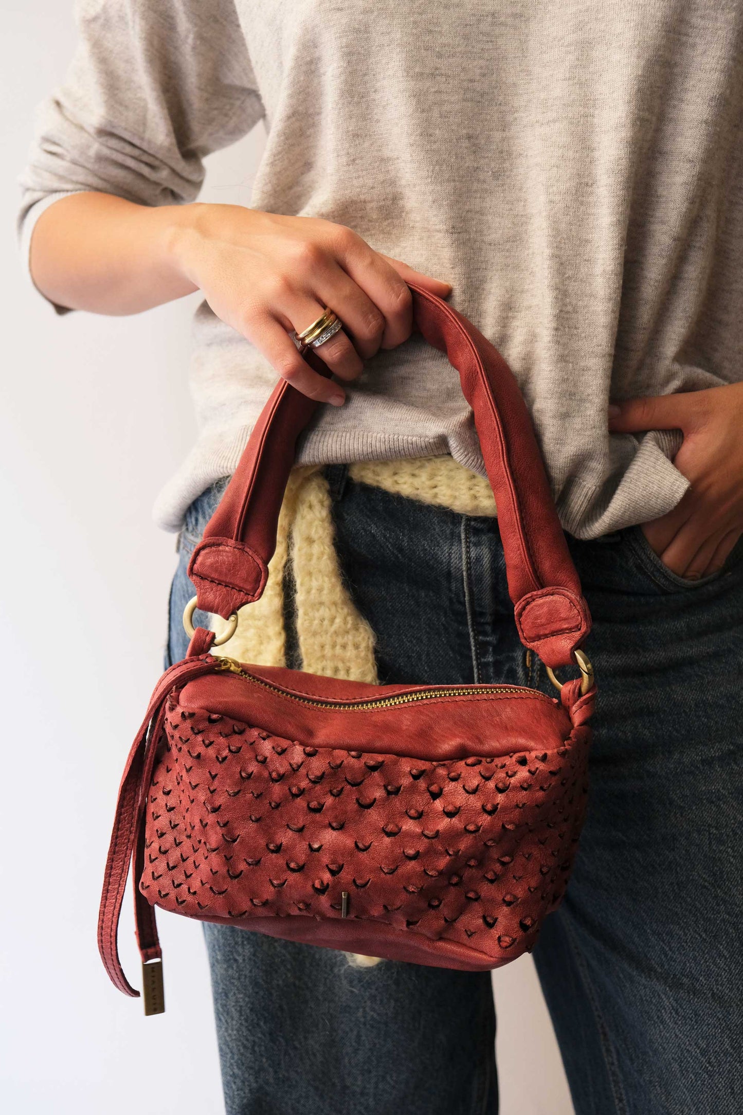 Bobo mini in cherry perforated nappa vegetable leather - Made in Italy -