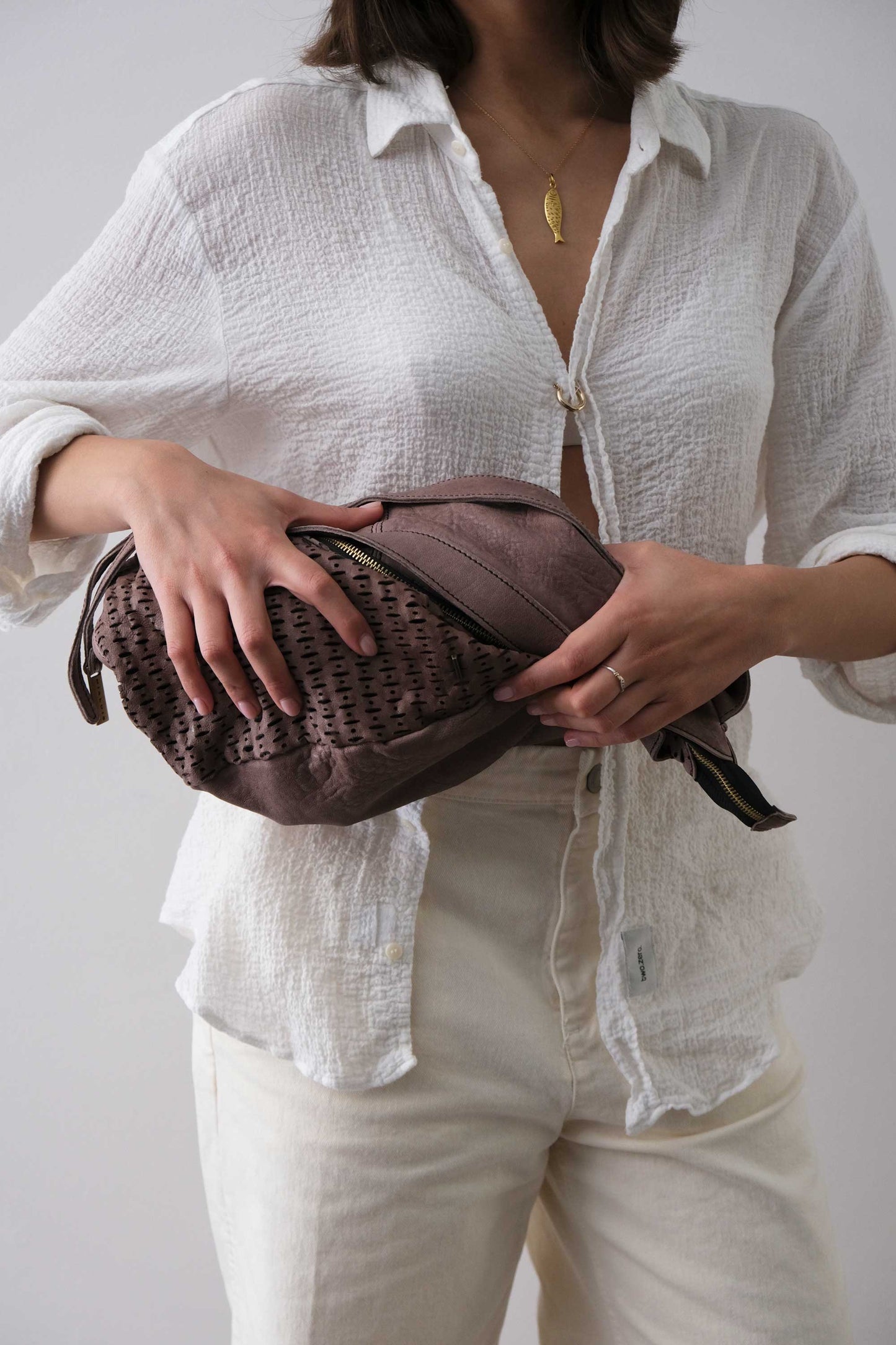 Carola bag in taupe perforated giunco soft leather - Made in Italy -