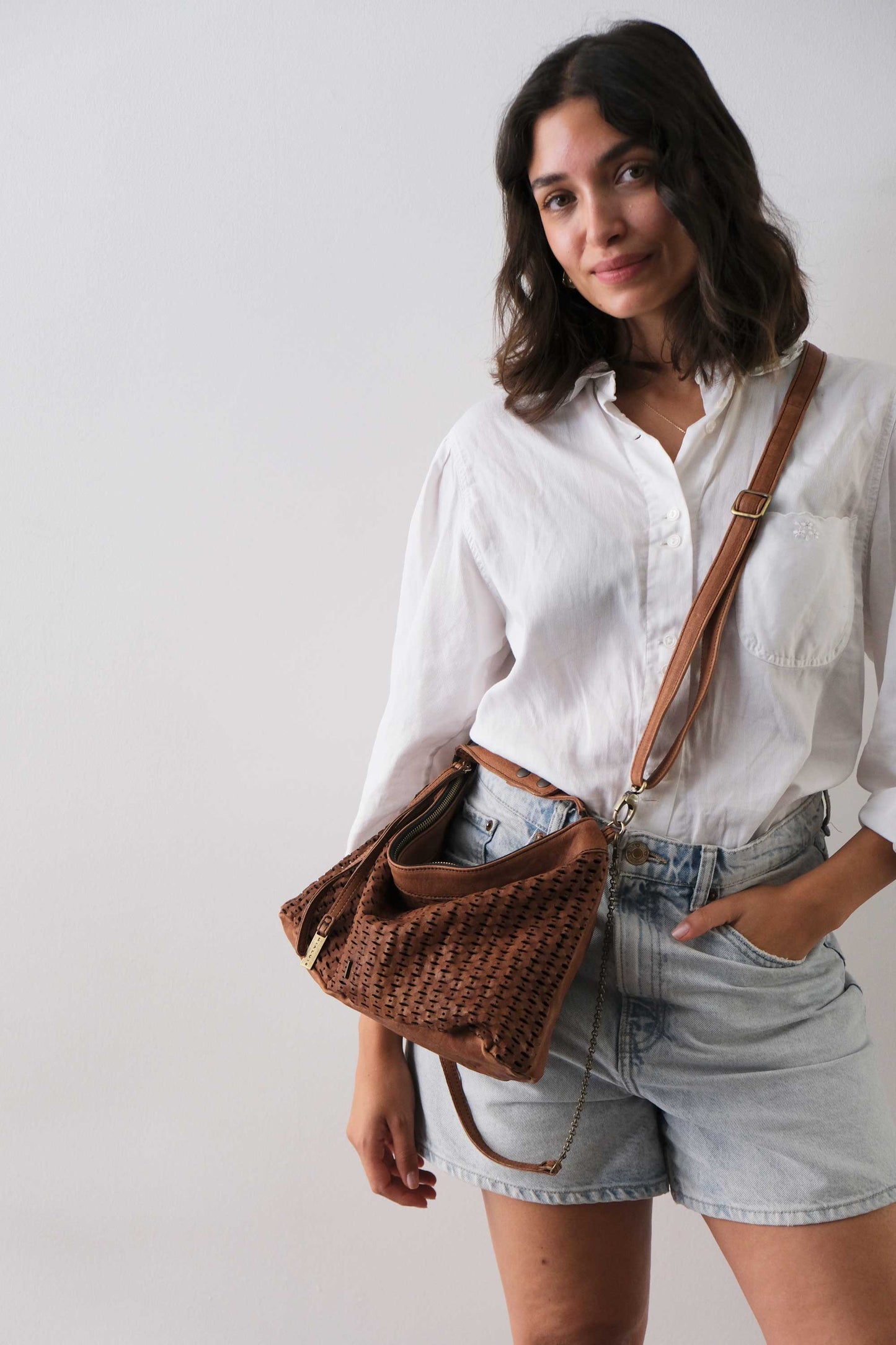 Chicca Media hobo bag in chocolate perforated giunco nappa - Made in Italy -