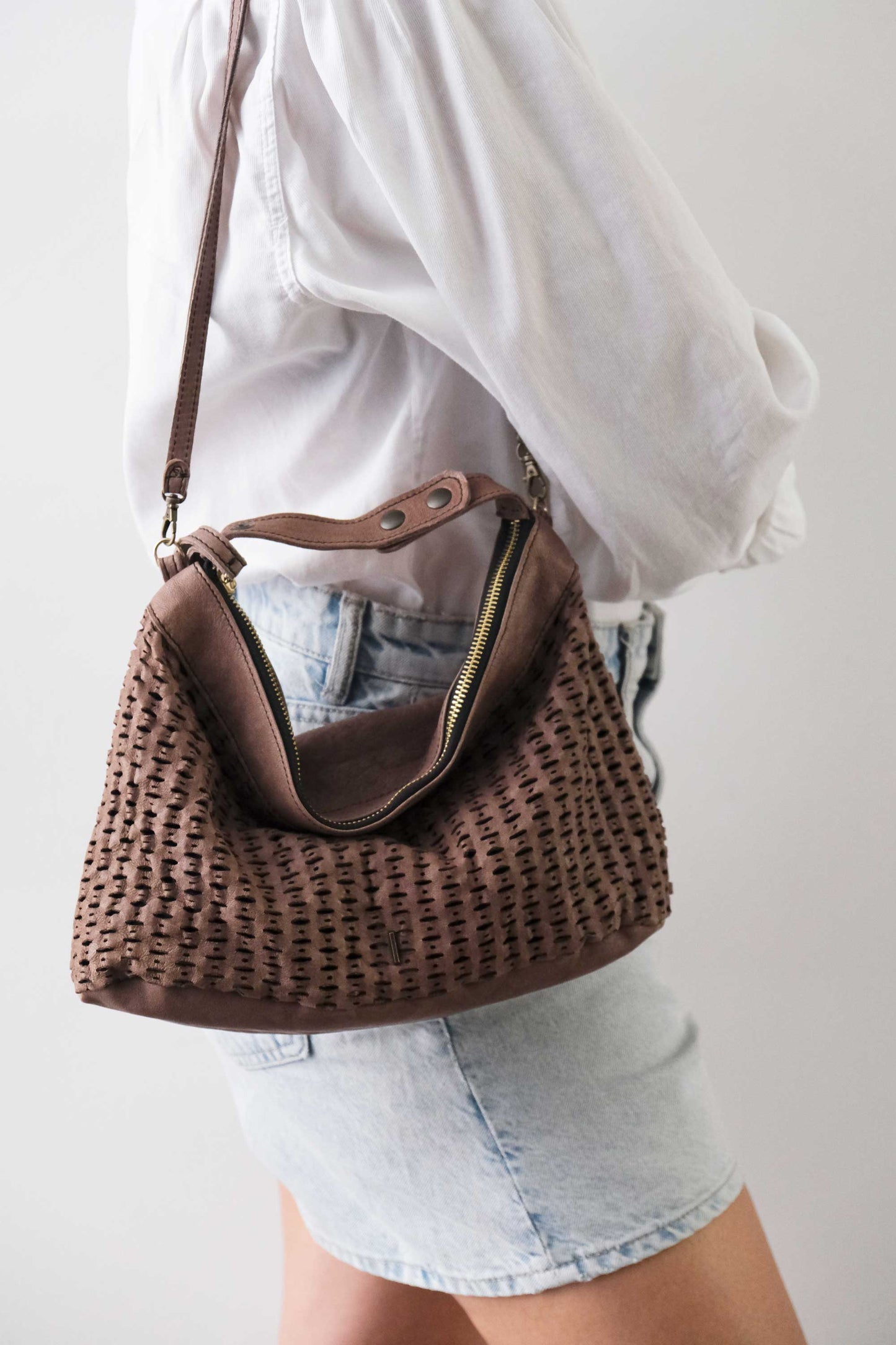 Chicca Media hobo bag in taupe perforated giunco nappa - Made in Italy -