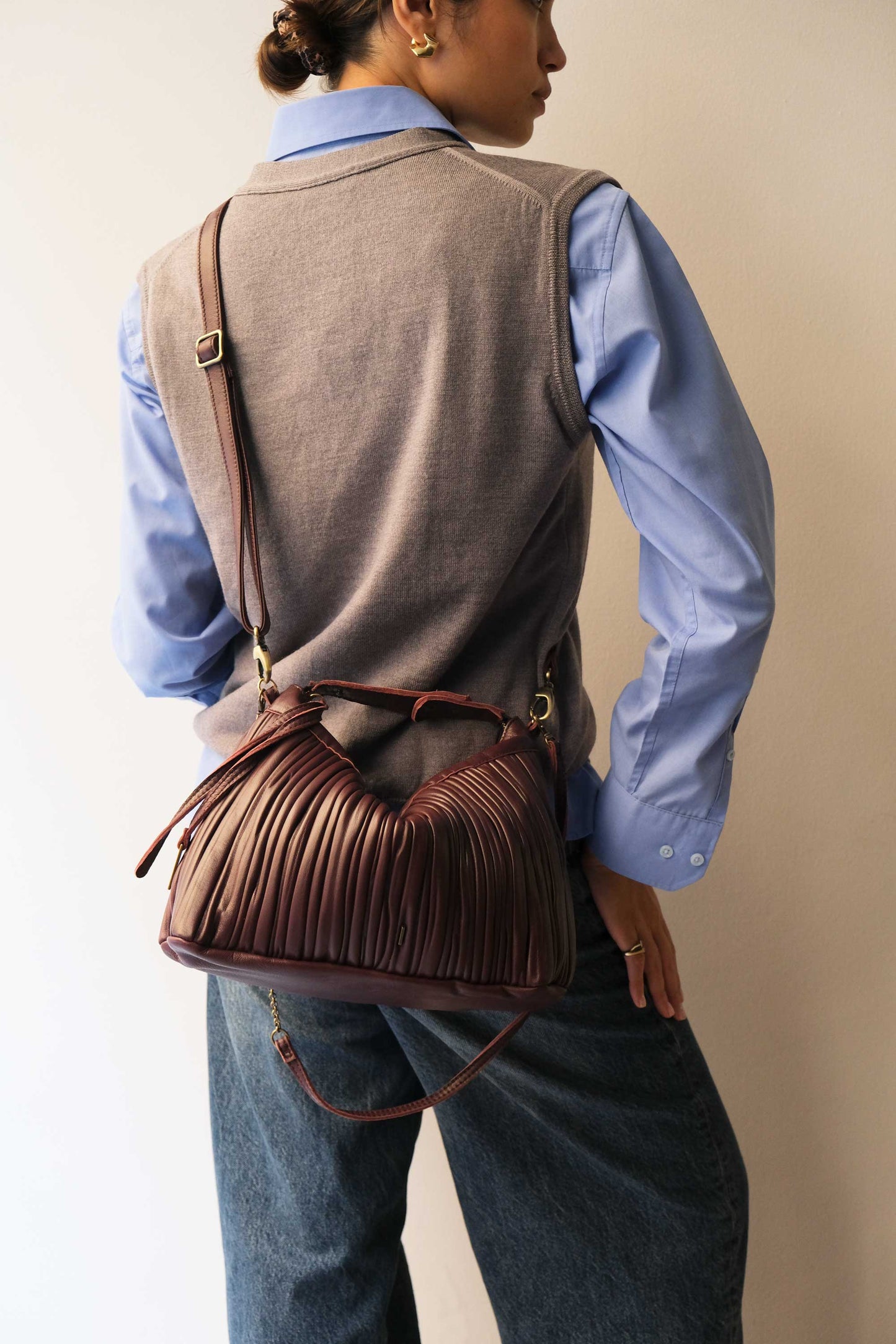 PRE ORDER discount 15%-Chicca Media hobo bag in plum pleated leather - use code PREORDER15 - ESTIMATED DELIVERY SEPTEMBER 15- Made in Italy -