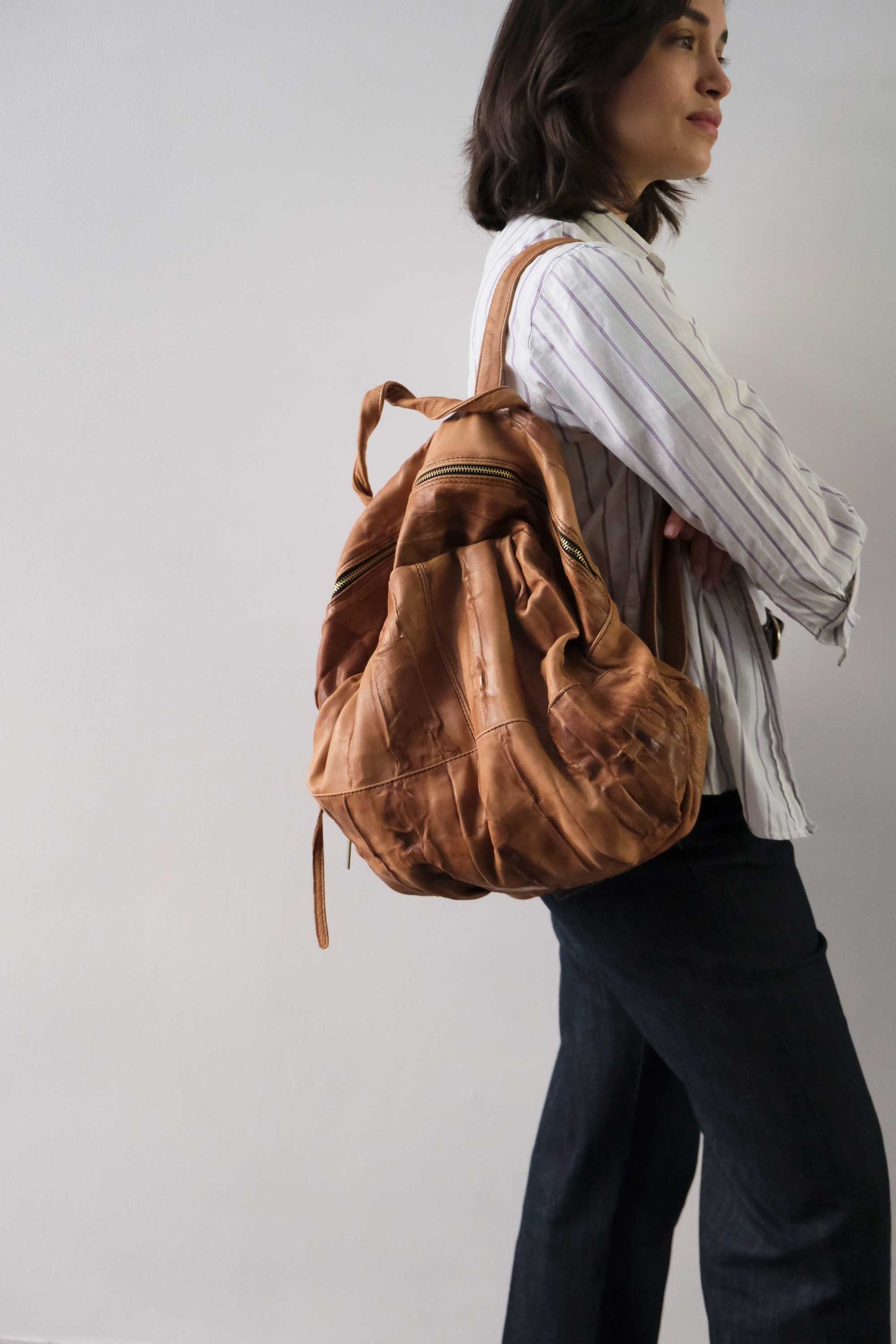 Nerina backpack in leather cognac washed and soft lomè nappa leather - Made in Italy -