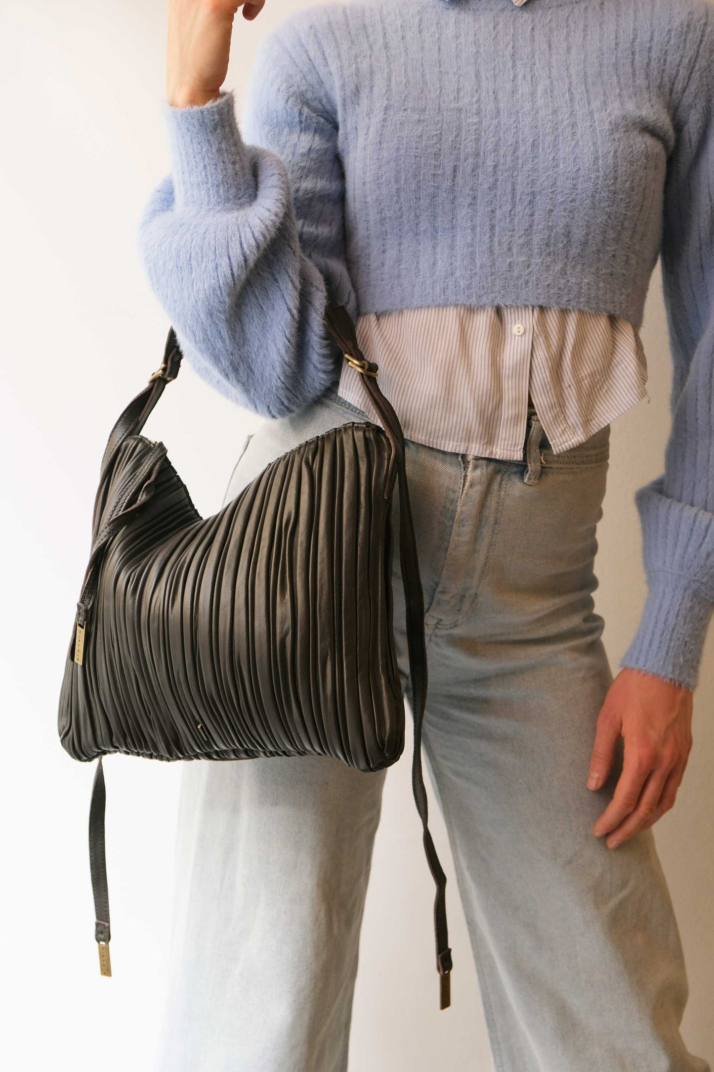 Valentina small hobo bag in brown pleated leather - Made in Italy -