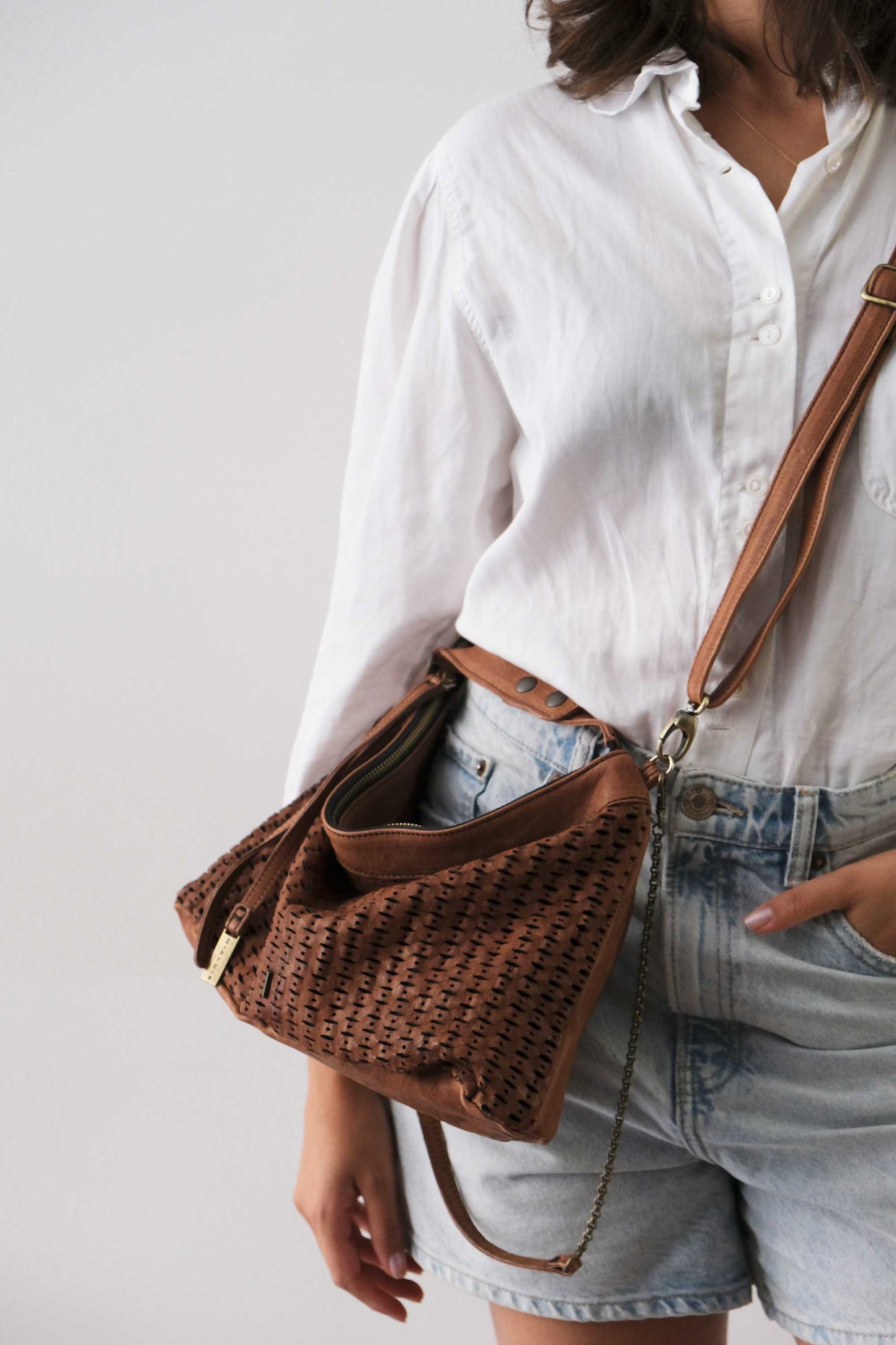 Chicca Media hobo bag in chocolate perforated giunco nappa - Made in Italy -