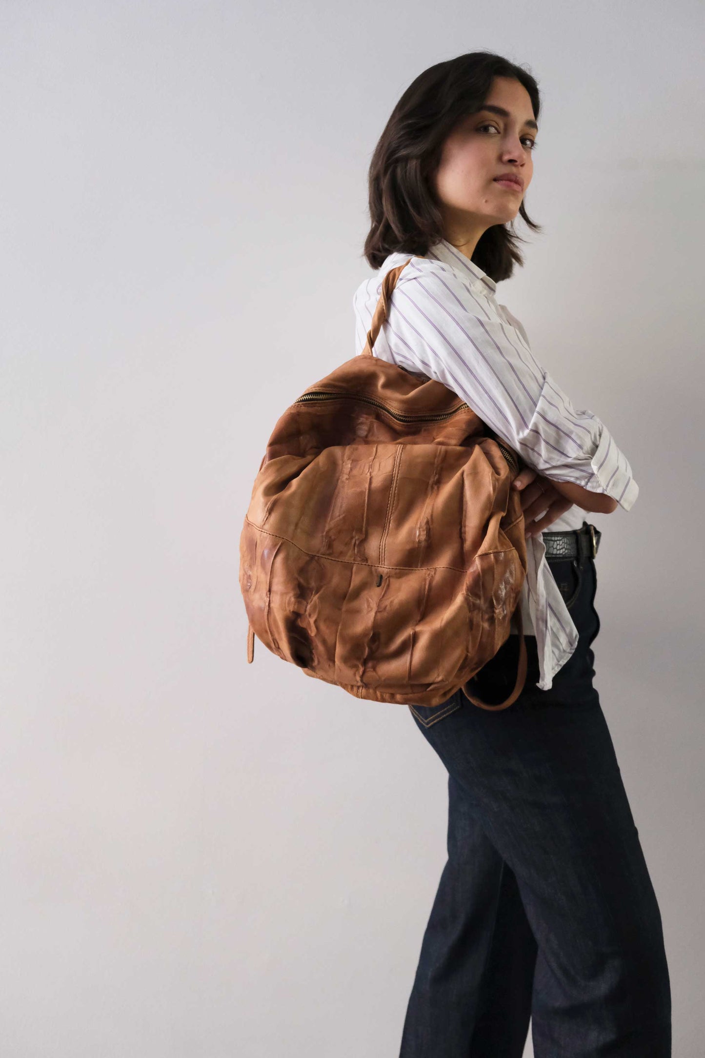 Nerina backpack in leather cognac washed and soft lomè nappa leather - Made in Italy -