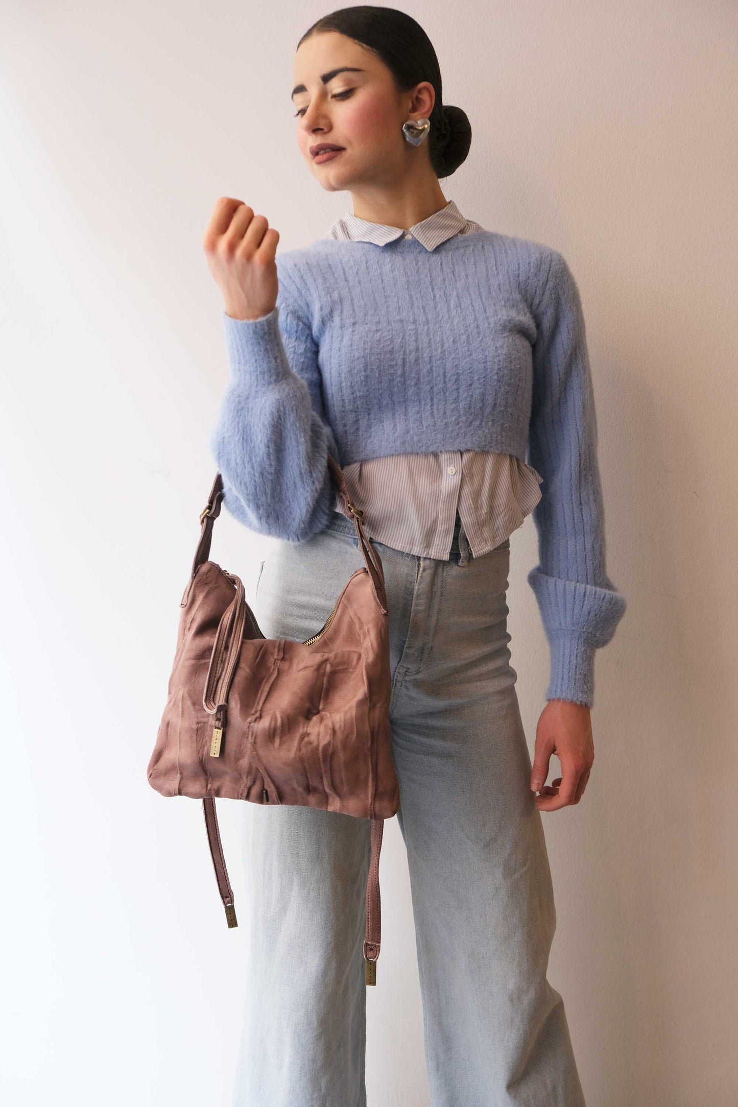 Valentina small hobo bag in taupe lomè leather - Made in Italy -