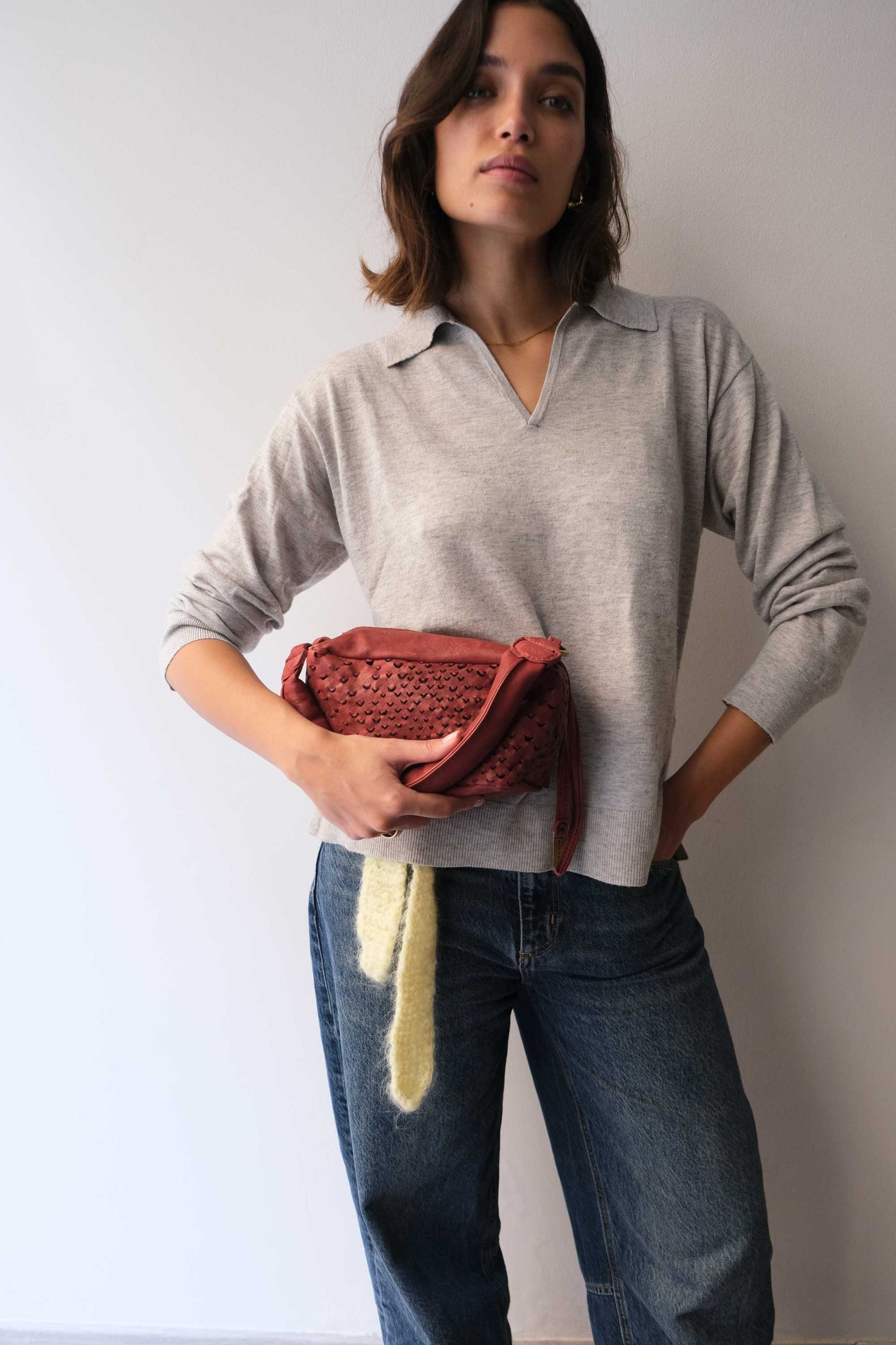 Bobo mini in cherry perforated nappa vegetable leather - Made in Italy -