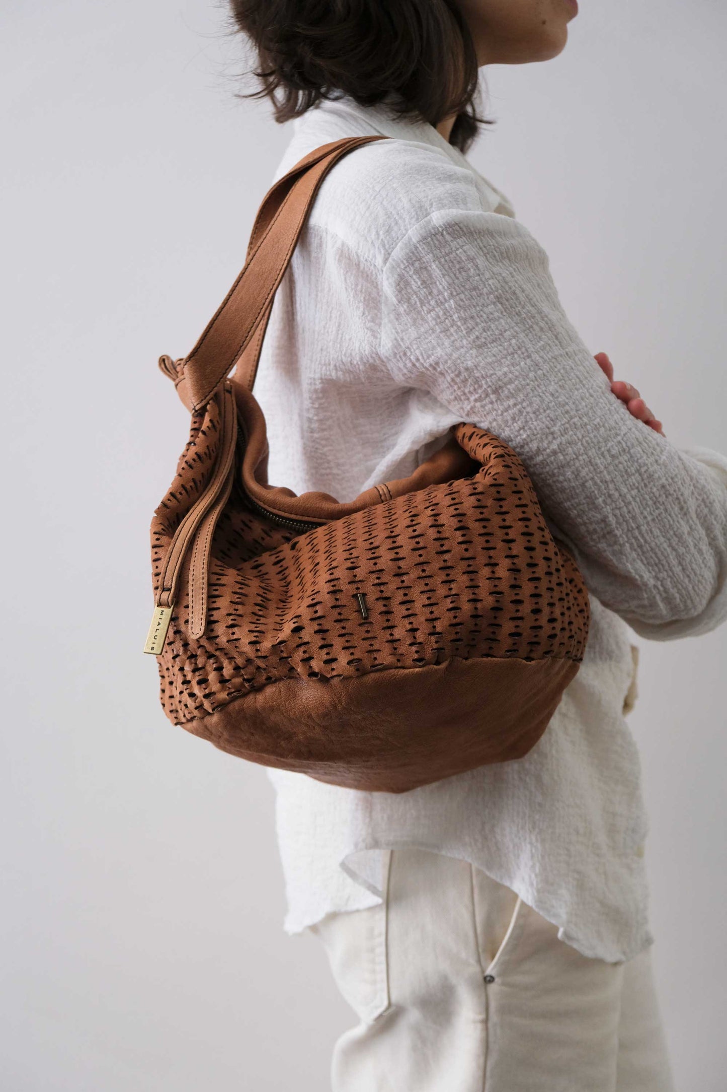 Carola bag cognac in morbida nappa traforata giunco - Made in Italy -