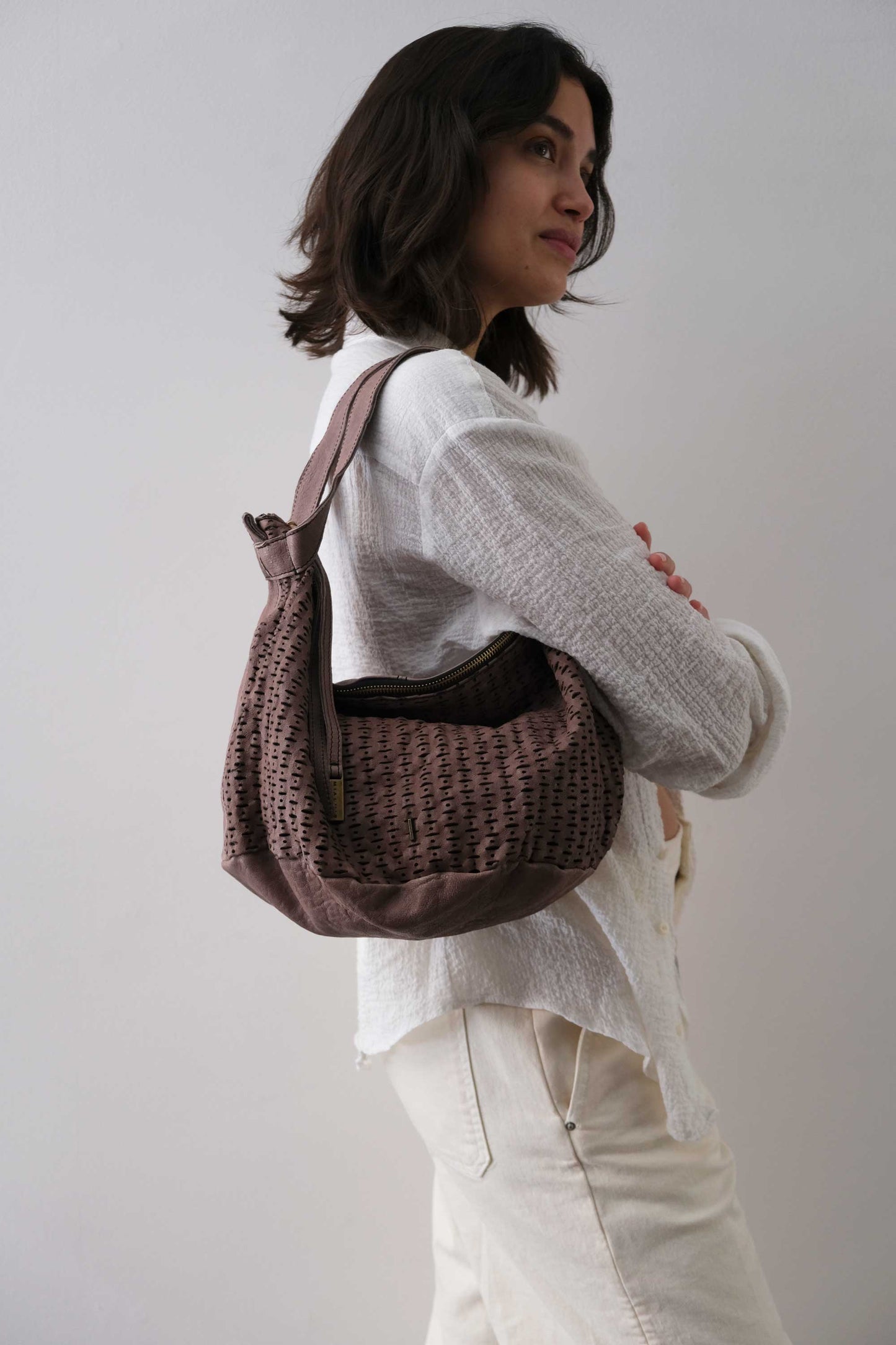 Carola bag in taupe perforated giunco soft leather - Made in Italy -