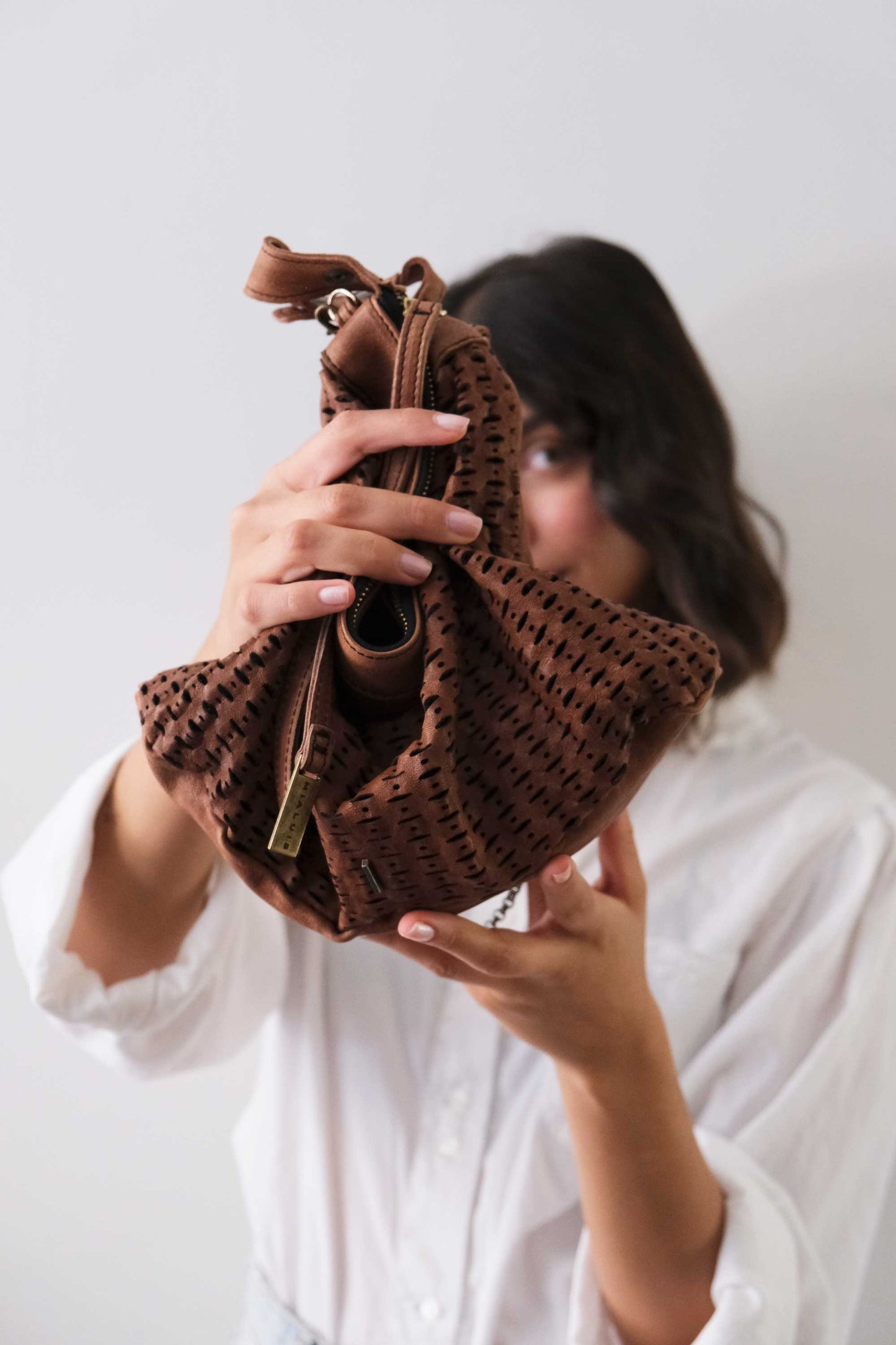 Chicca Media hobo bag in chocolate perforated giunco nappa - Made in Italy -