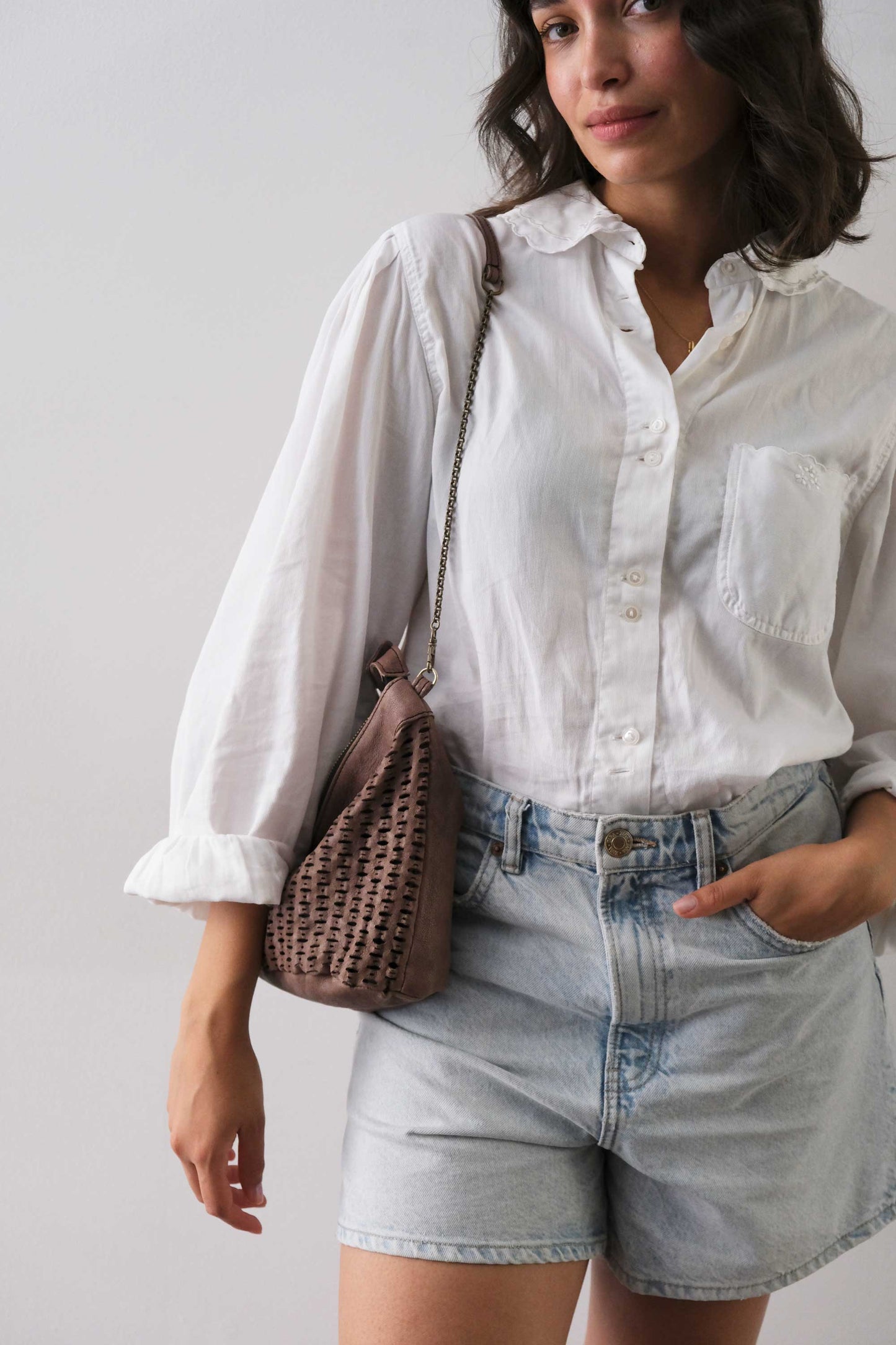 Chicca Media hobo bag in taupe perforated giunco nappa - Made in Italy -
