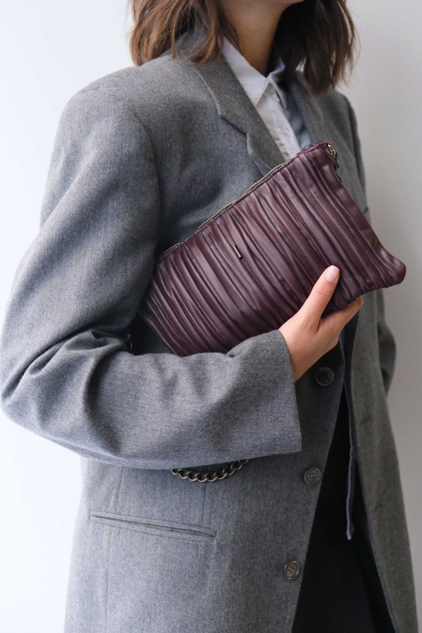PRE ORDER discount 15%- Mikin pochette in plum pleated soft leather - use code PREORDER15 - ESTIMATED DELIVERY END SEPTEMBER - Made in Italy -