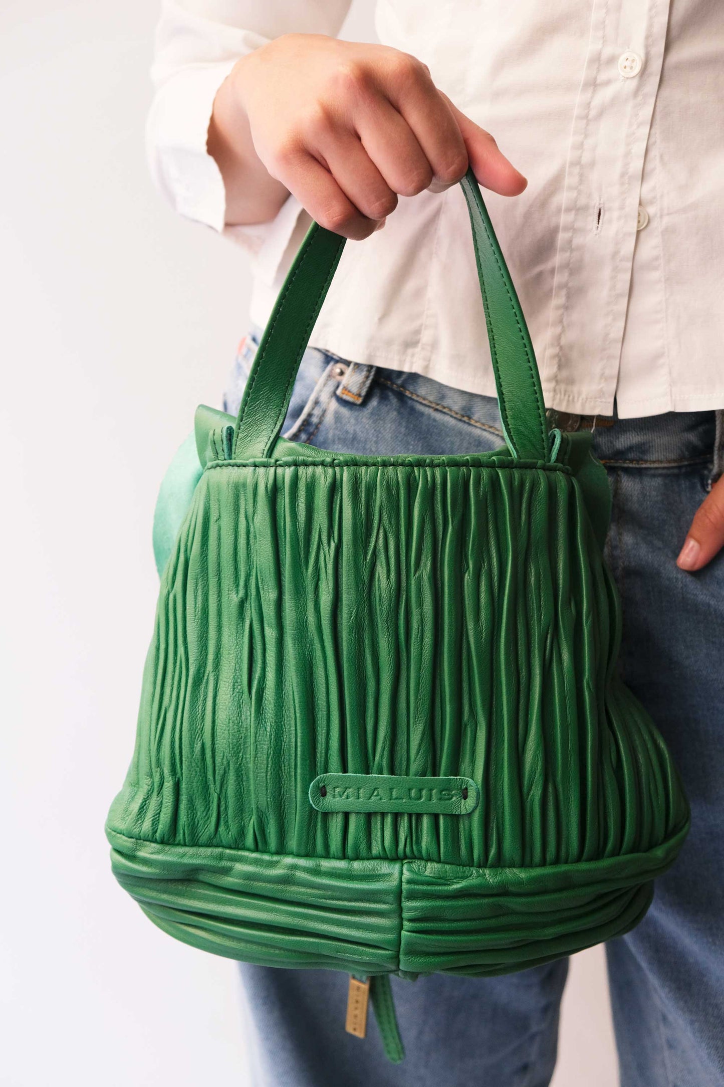 Minu in pleated emerald colour leather - Made in Italy -