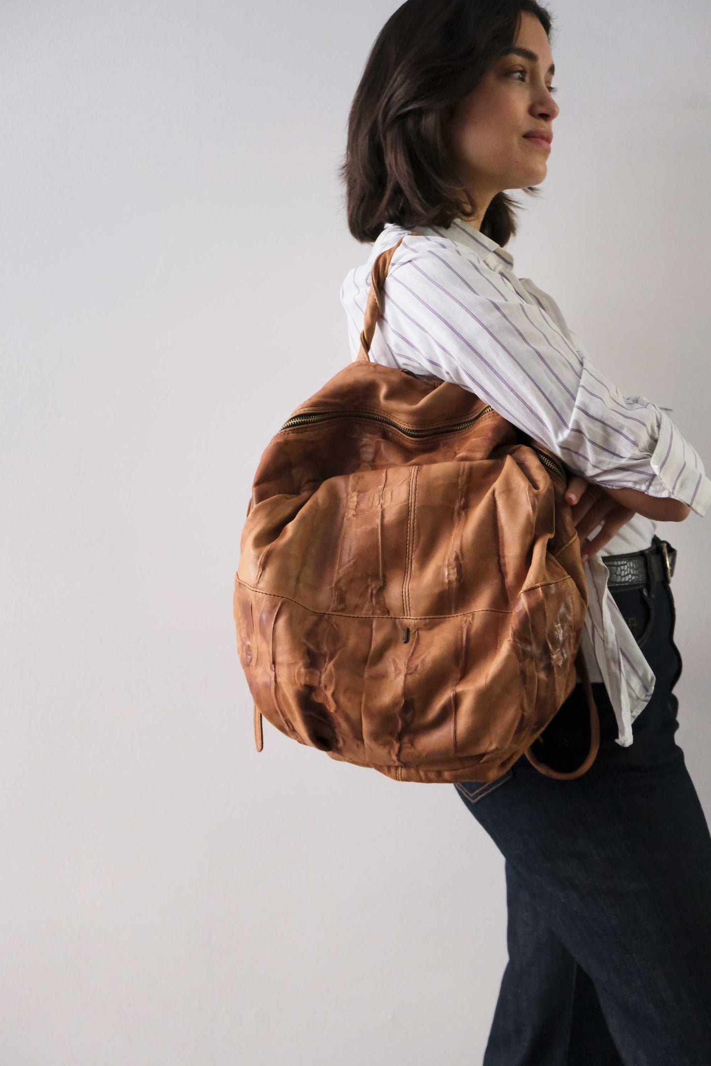 Nerina backpack in leather cognac washed and soft lomè nappa leather - Made in Italy -