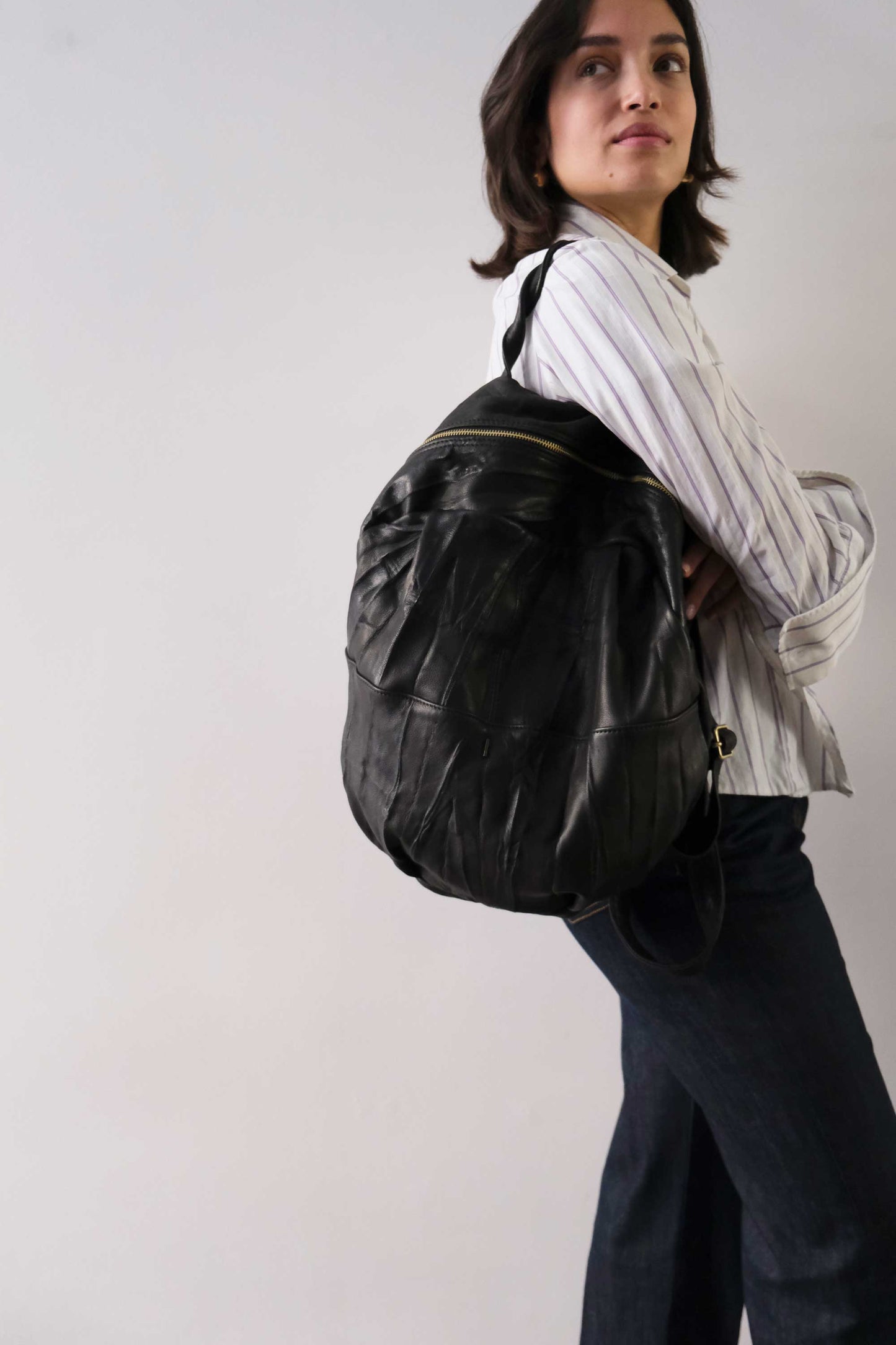 Nerina zaino in pelle nera nappa lomè lavata e morbida - Made in Italy -