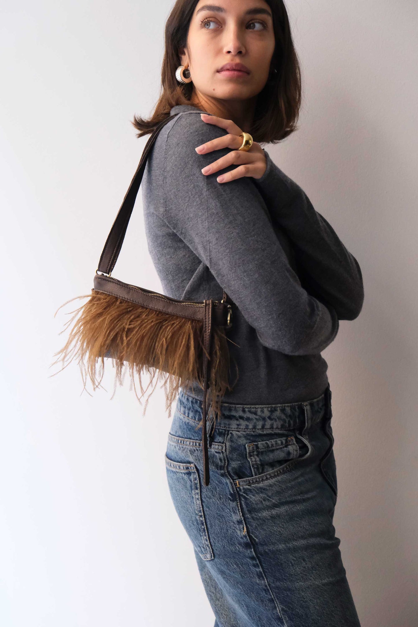 Olga pochette in brown nappa leather with moss feathers - Made in Italy -