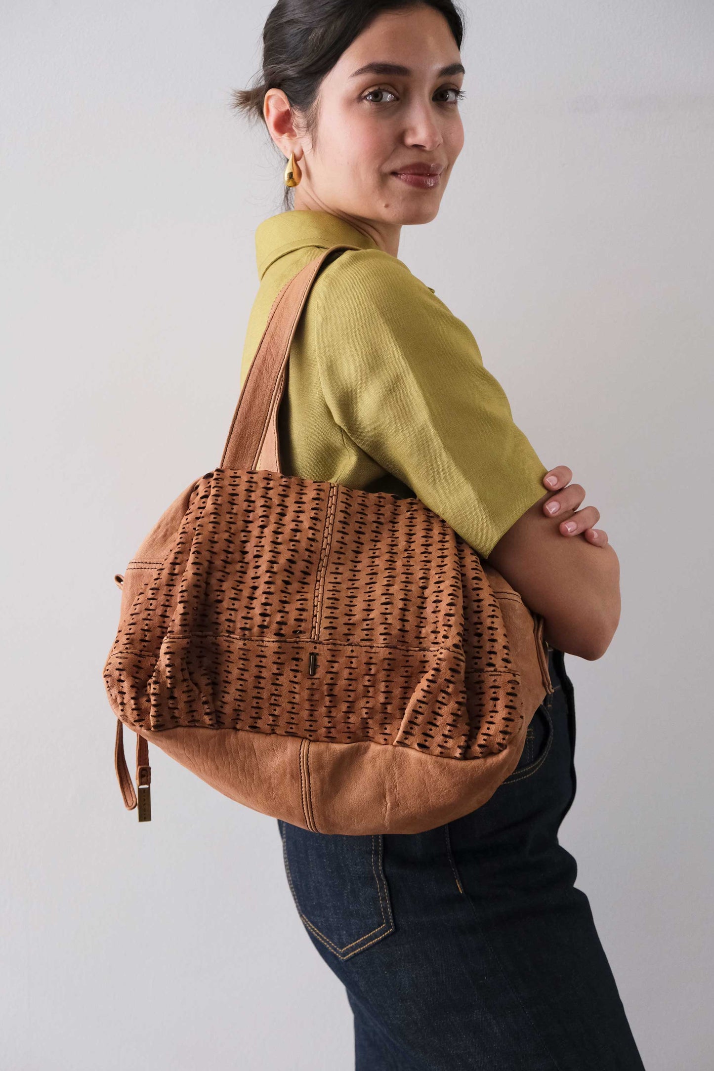 Betty tote nappa laserata giunco cognac - Made in Italy -