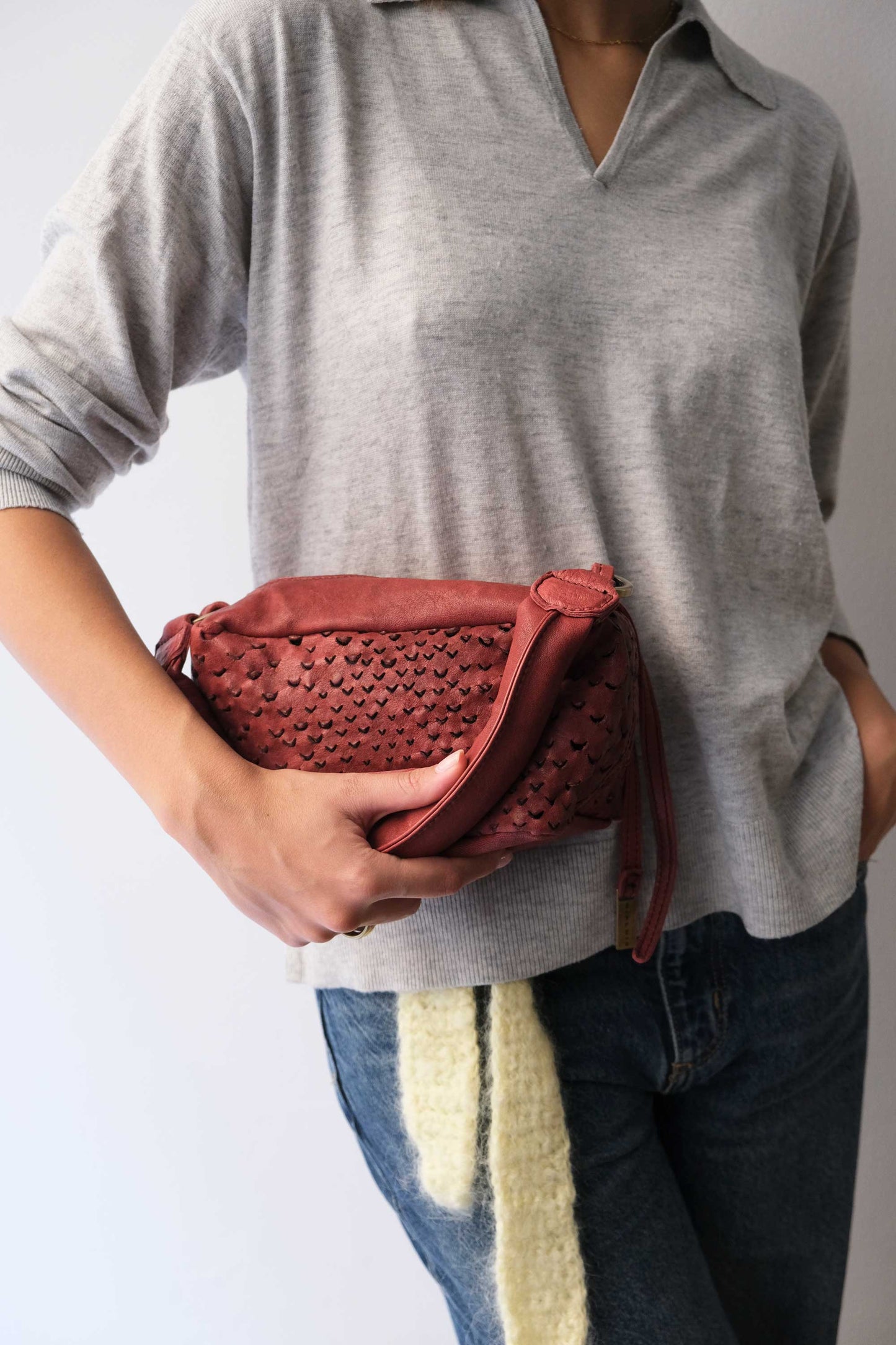 Bobo mini in cherry perforated nappa vegetable leather - Made in Italy -