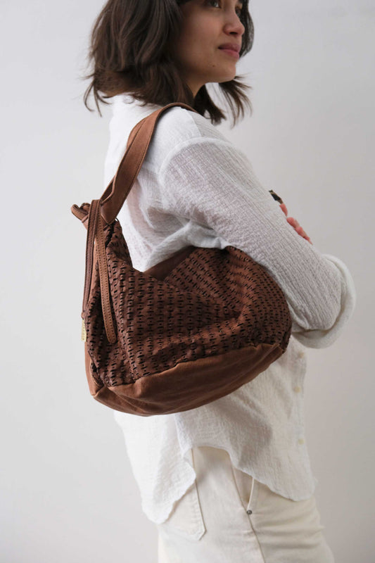 Carola bag cioccolato in morbida nappa traforata giunco - Made in Italy -