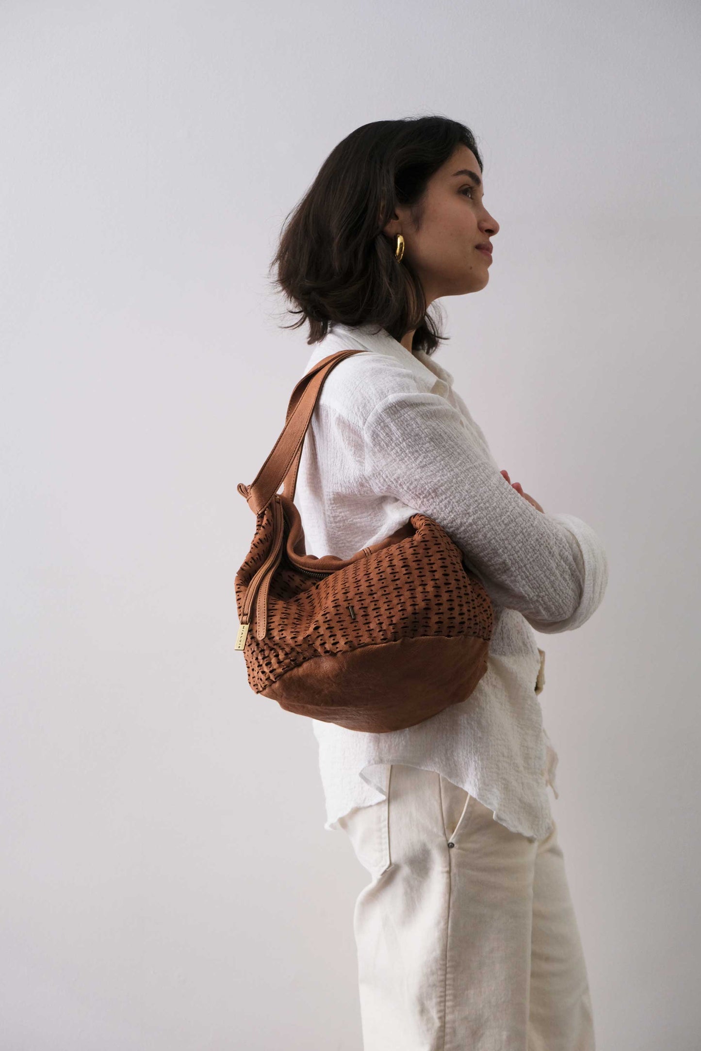 Carola bag cognac in morbida nappa traforata giunco - Made in Italy -