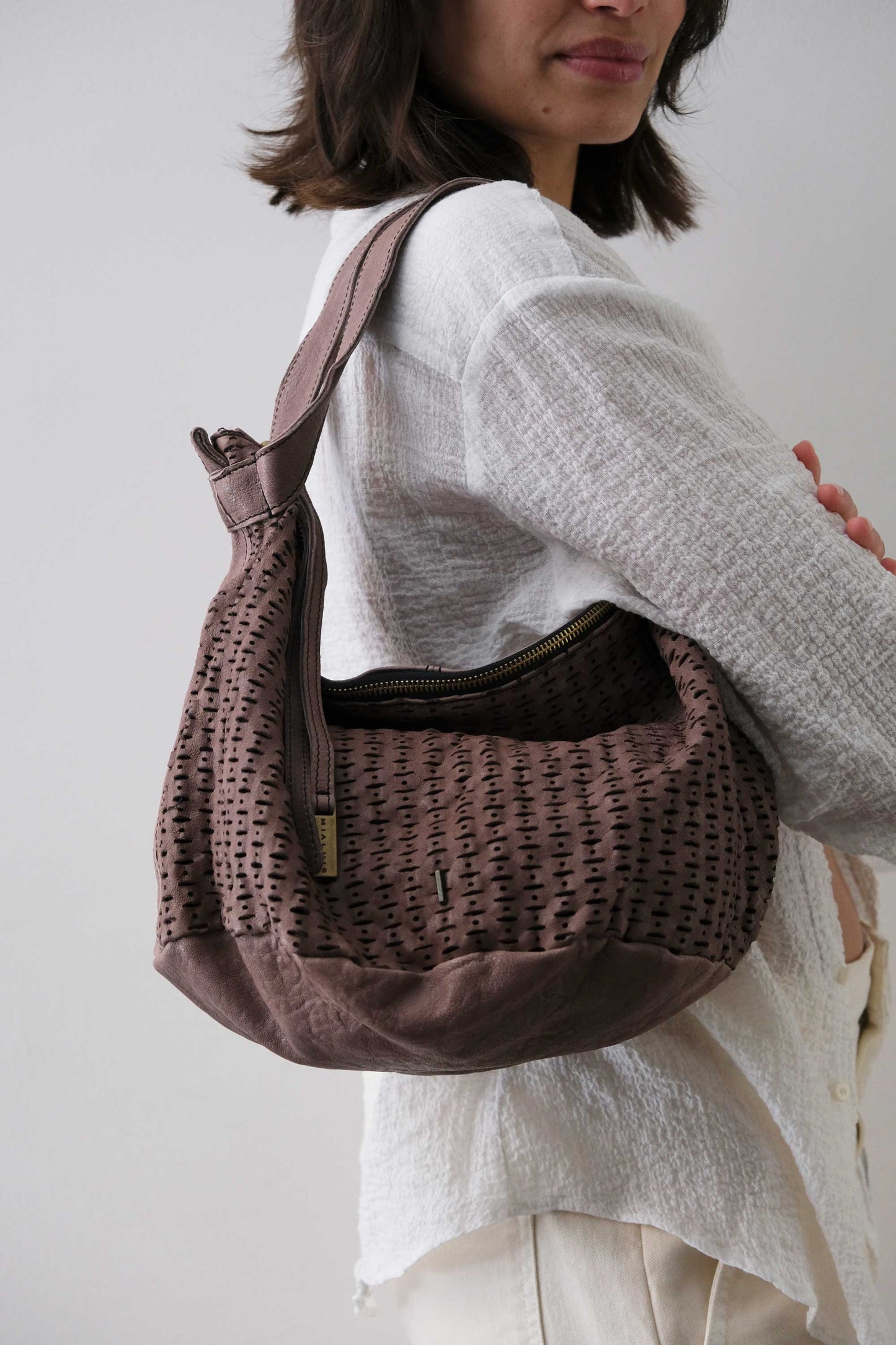 Carola bag in taupe perforated giunco soft leather - Made in Italy -