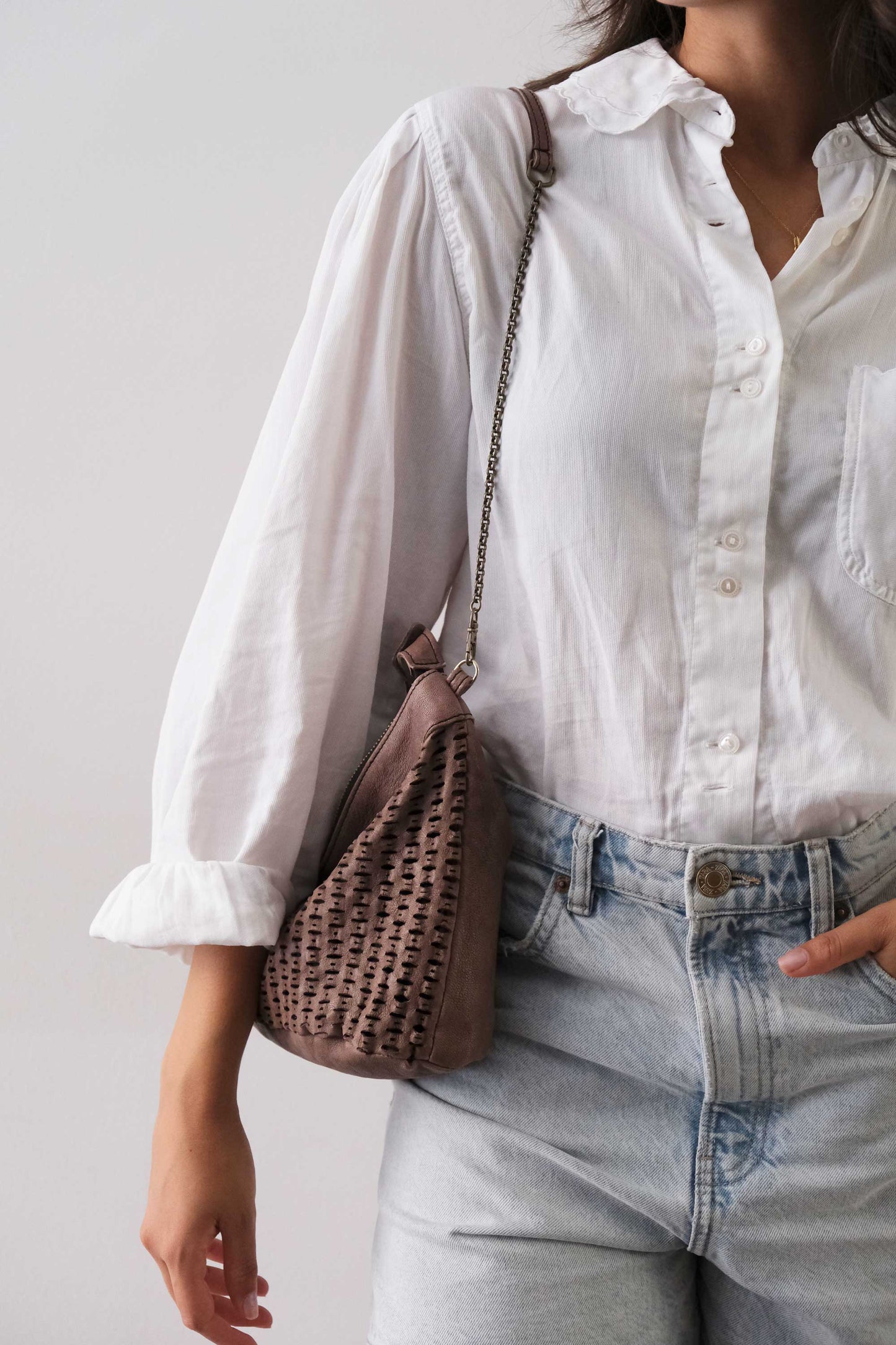 Chicca Media hobo bag in taupe perforated giunco nappa - Made in Italy -