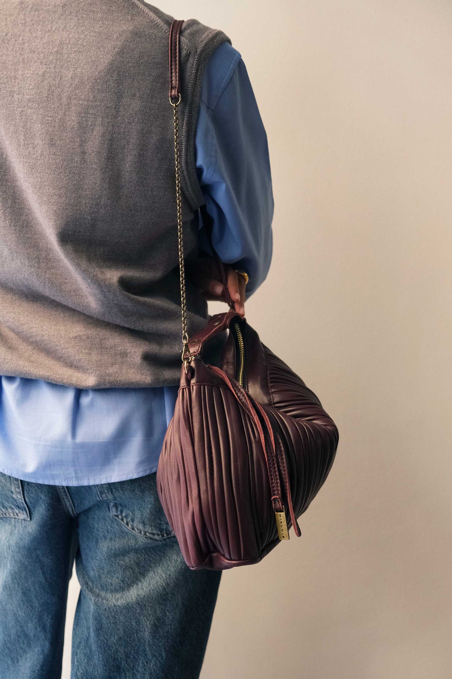 PRE ORDER discount 15%-Chicca Media hobo bag in plum pleated leather - use code PREORDER15 - ESTIMATED DELIVERY SEPTEMBER 15- Made in Italy -
