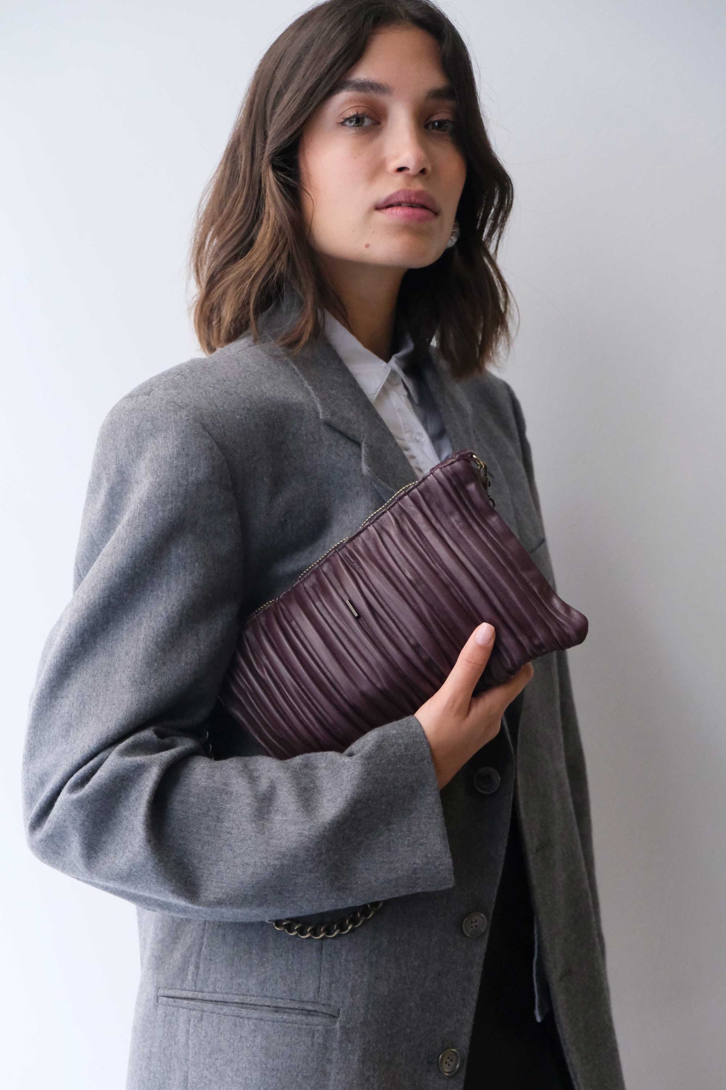 PRE ORDER discount 15%- Mikin pochette in plum pleated soft leather - use code PREORDER15 - ESTIMATED DELIVERY END SEPTEMBER - Made in Italy -