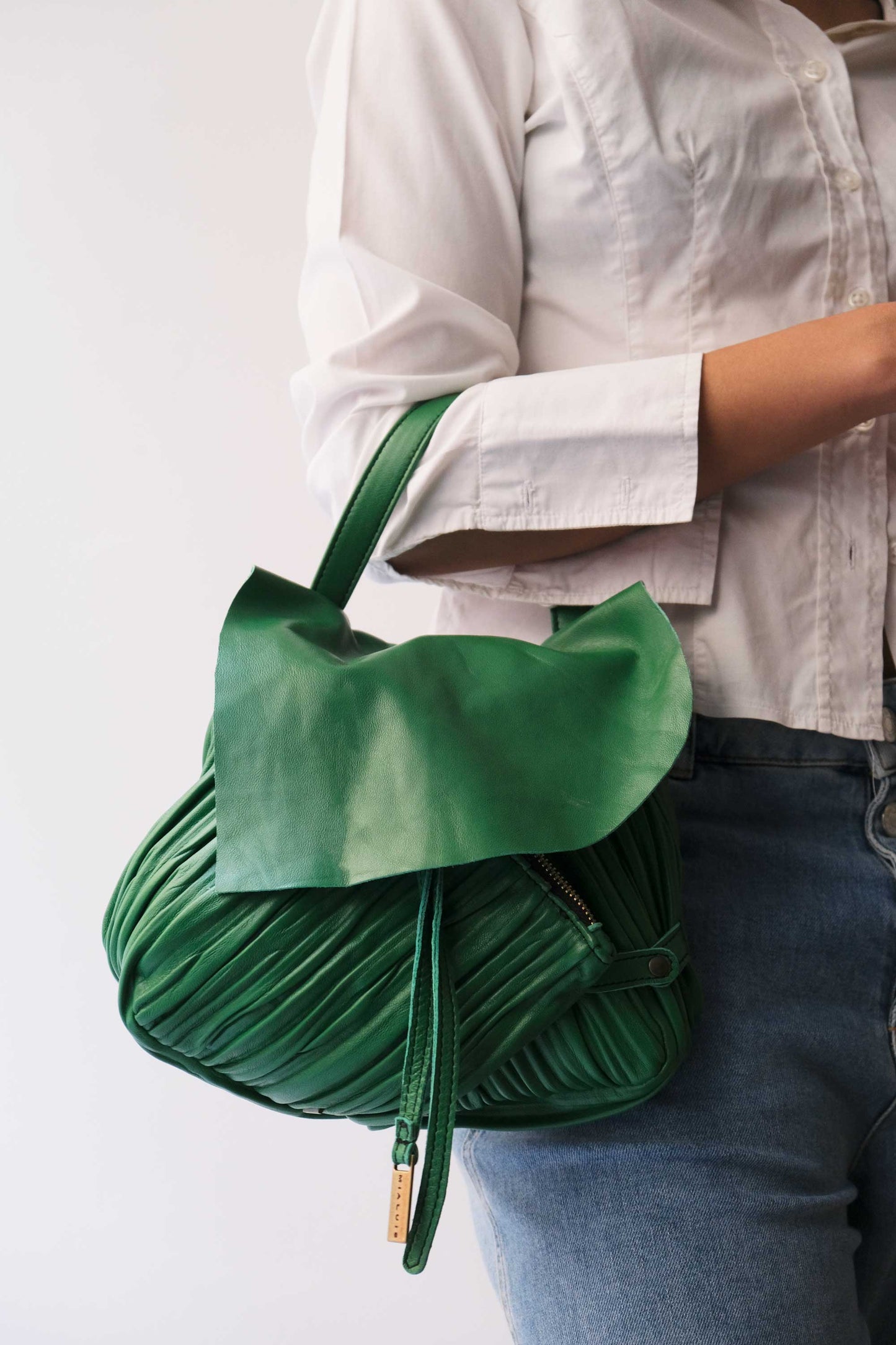 Minu in pleated emerald colour leather - Made in Italy -