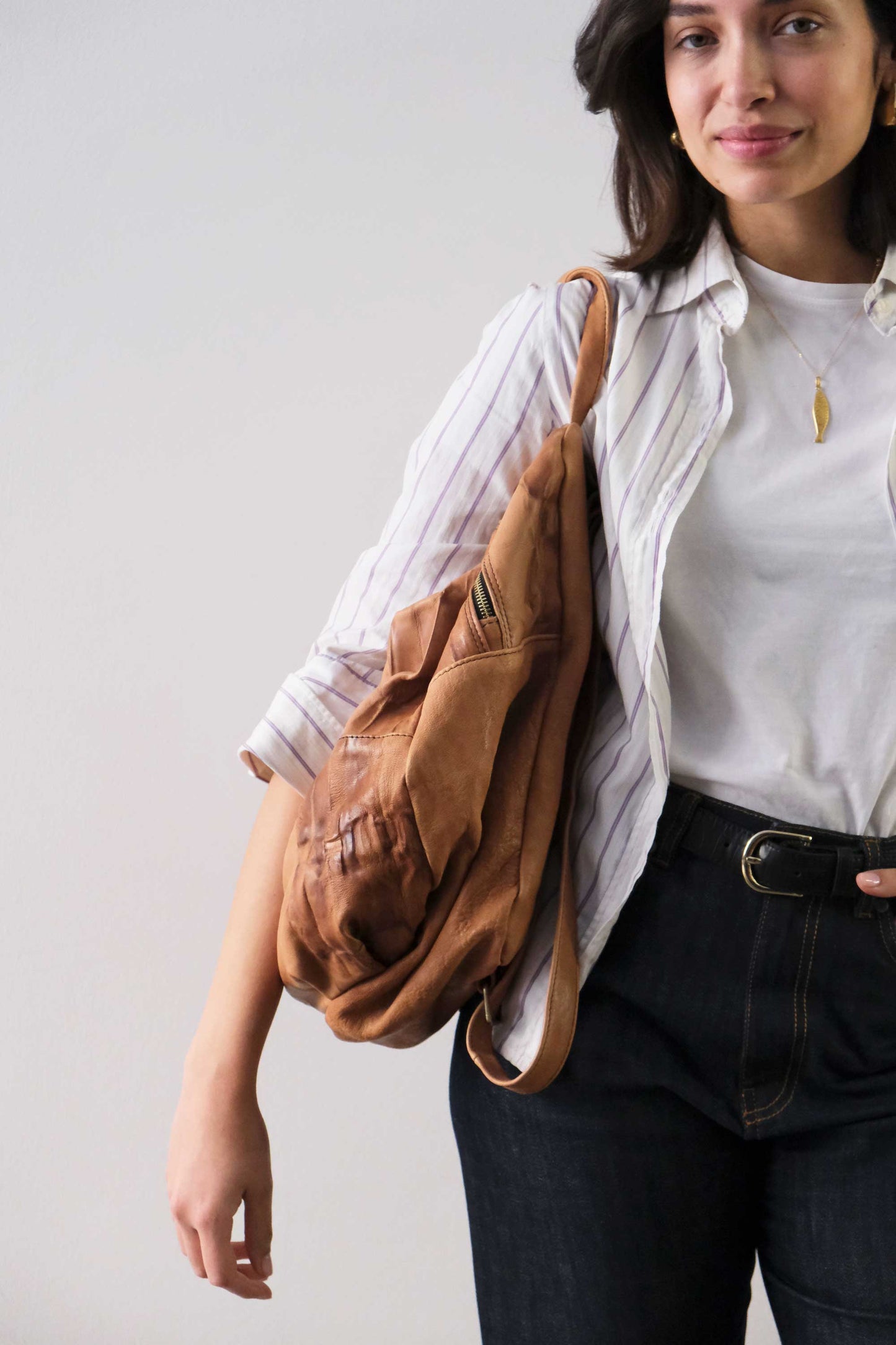 Nerina backpack in leather cognac washed and soft lomè nappa leather - Made in Italy -