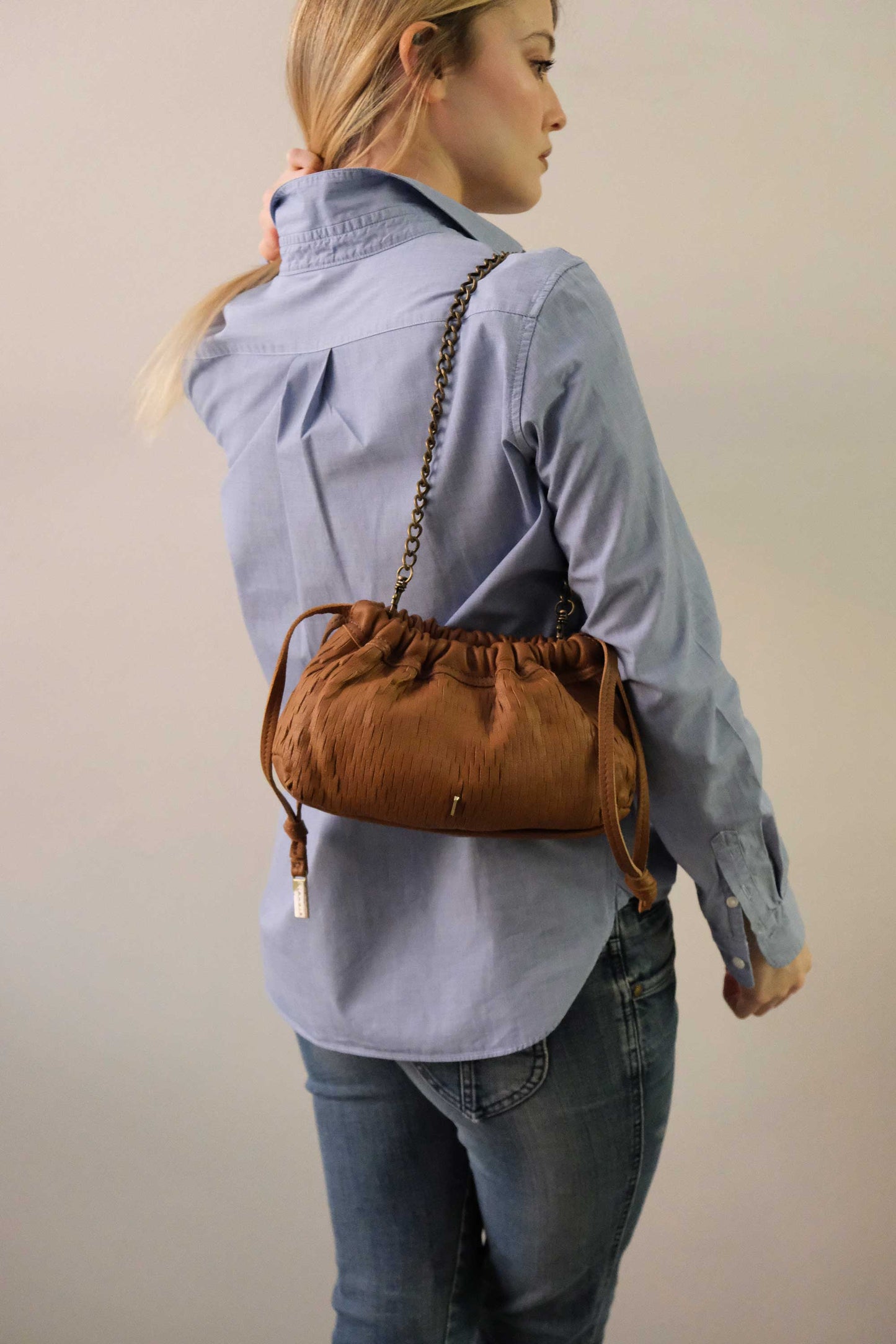 Agnes mini pochette in cognac perforated leather -Made in Italy -