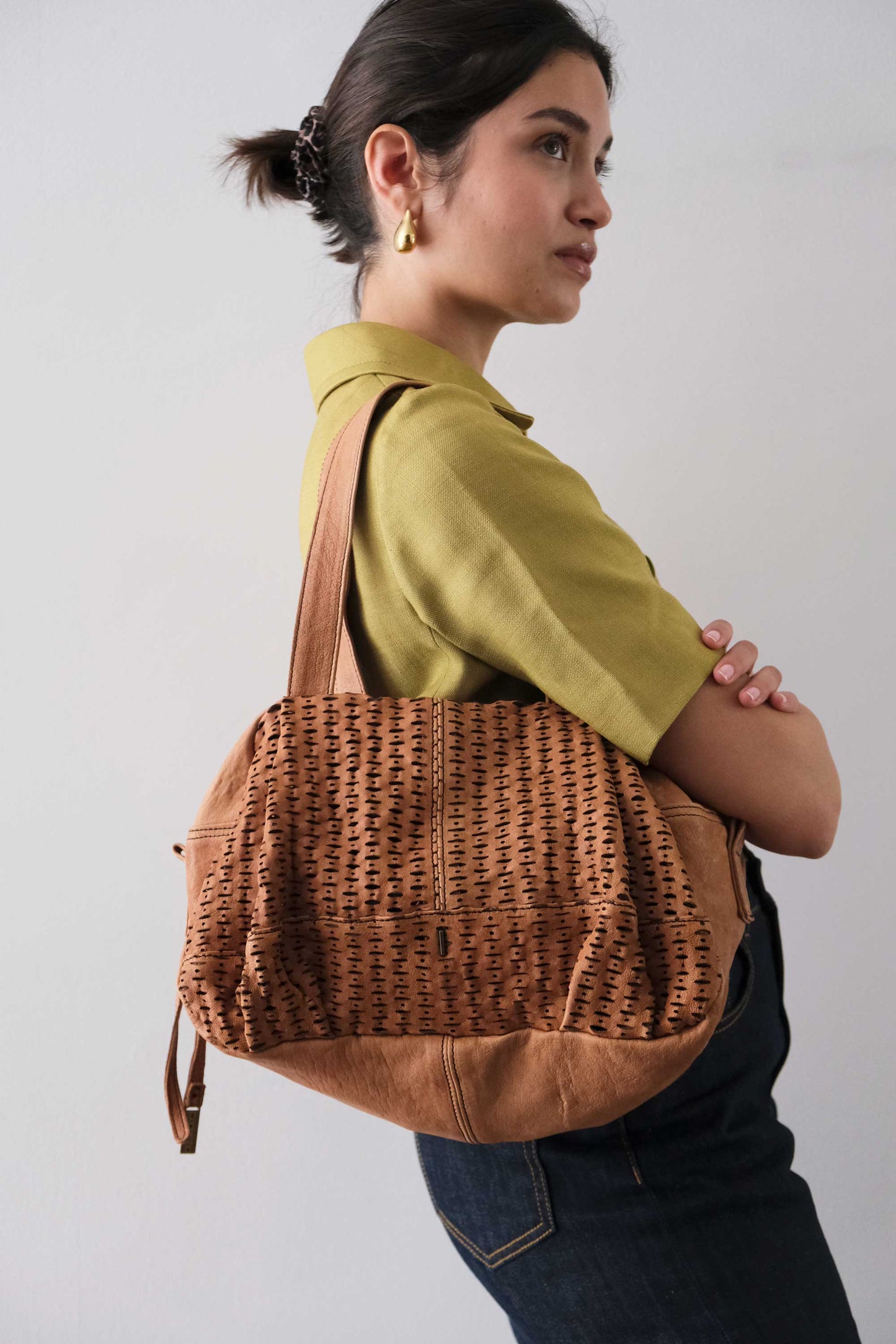 Betty tote nappa laserata giunco cognac - Made in Italy -