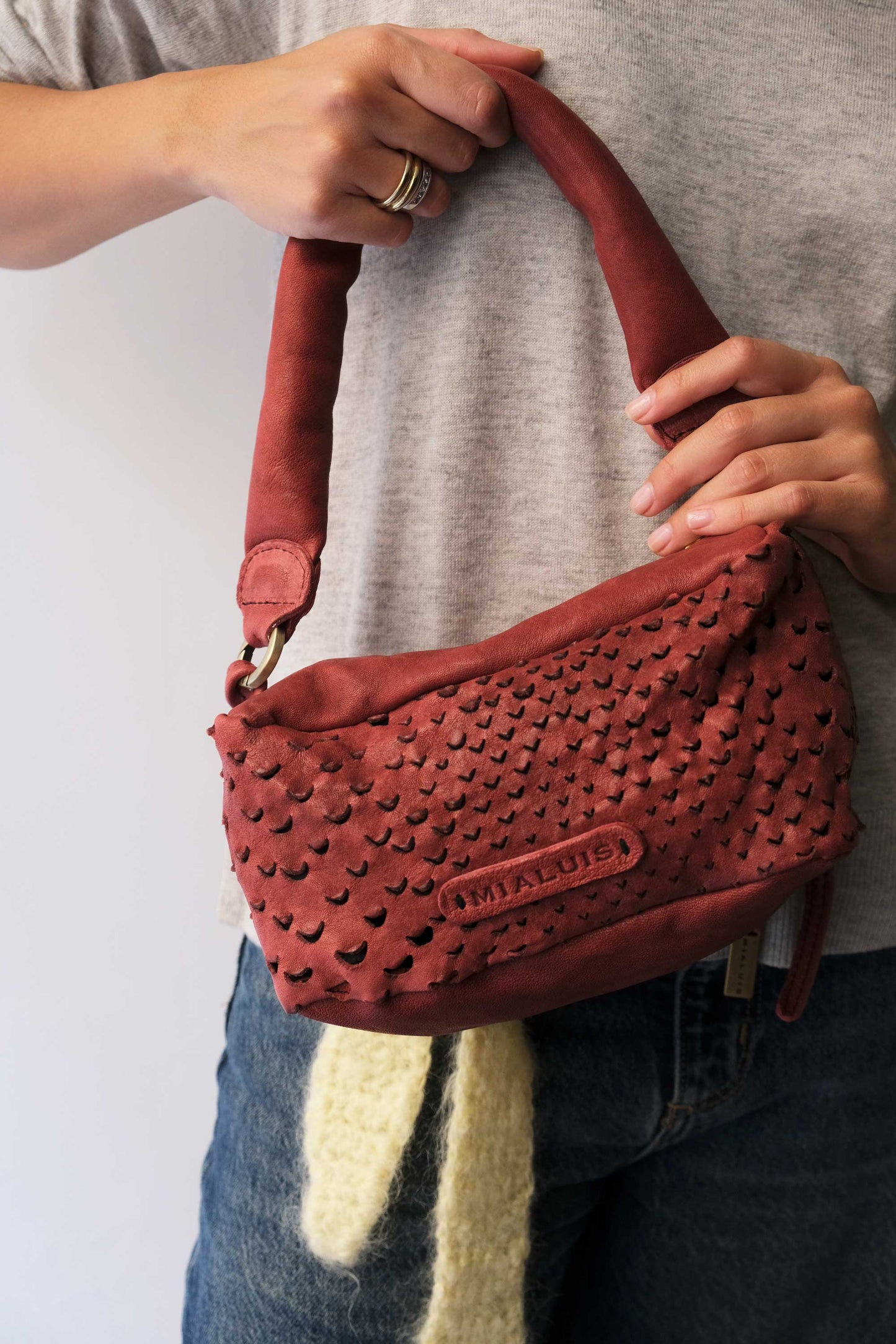 Bobo mini in cherry perforated nappa vegetable leather - Made in Italy -