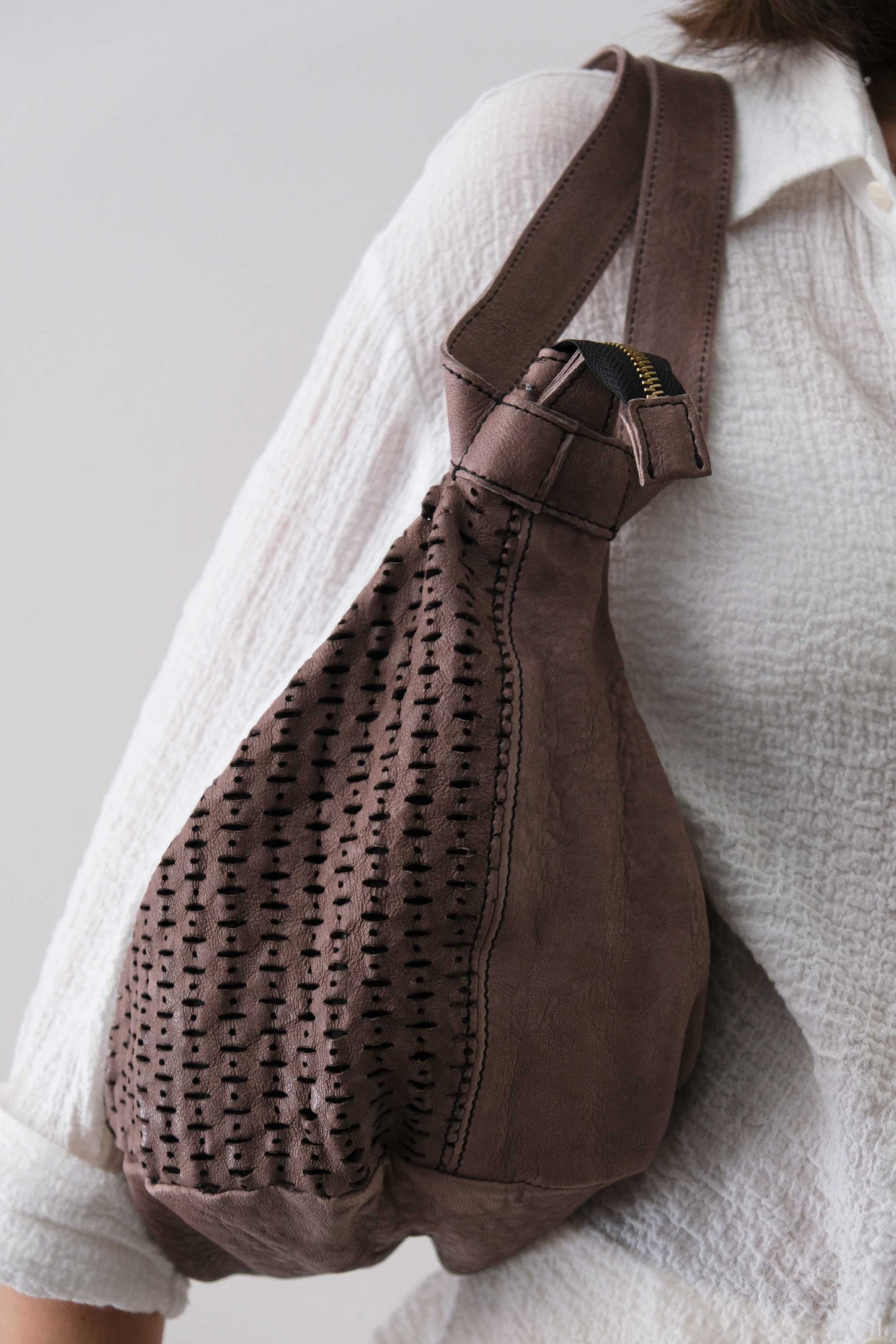 Carola bag in taupe perforated giunco soft leather - Made in Italy -