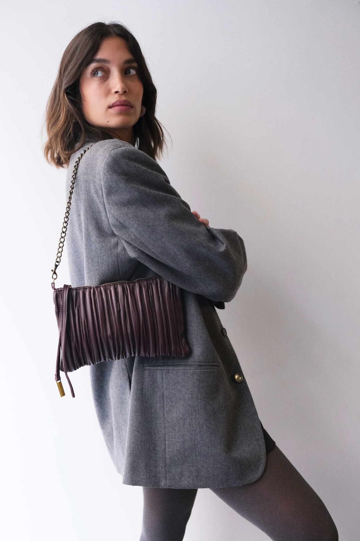 PRE ORDER discount 15%- Mikin pochette in plum pleated soft leather - use code PREORDER15 - ESTIMATED DELIVERY END SEPTEMBER - Made in Italy -