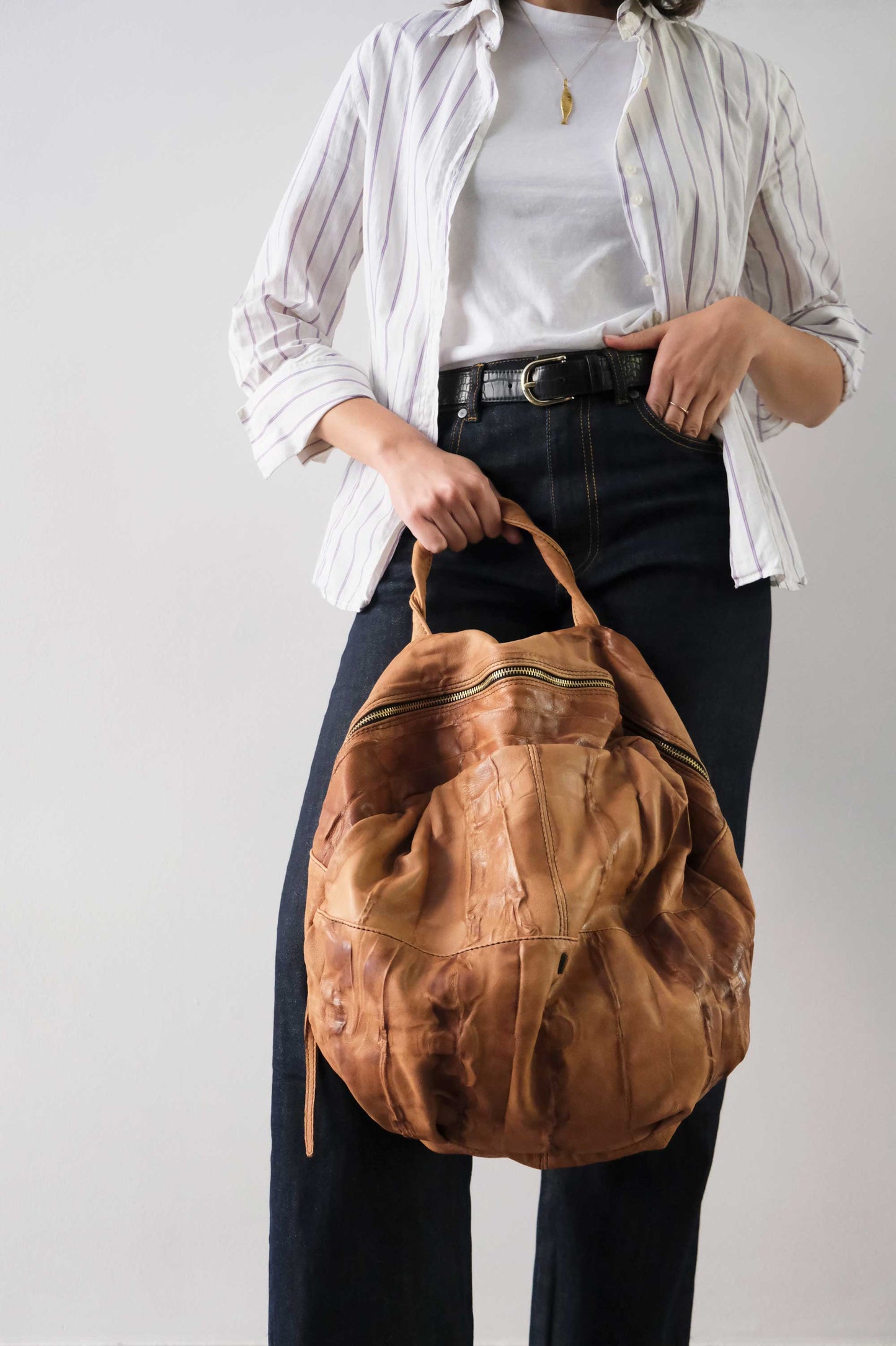 Nerina backpack in leather cognac washed and soft lomè nappa leather - Made in Italy -
