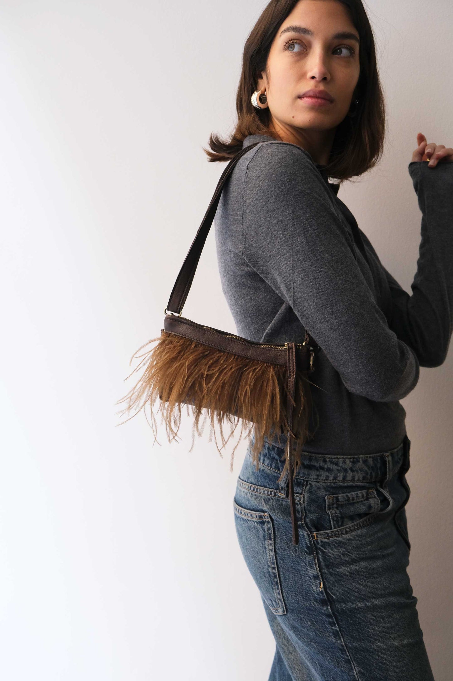Olga pochette in brown nappa leather with moss feathers - Made in Italy -