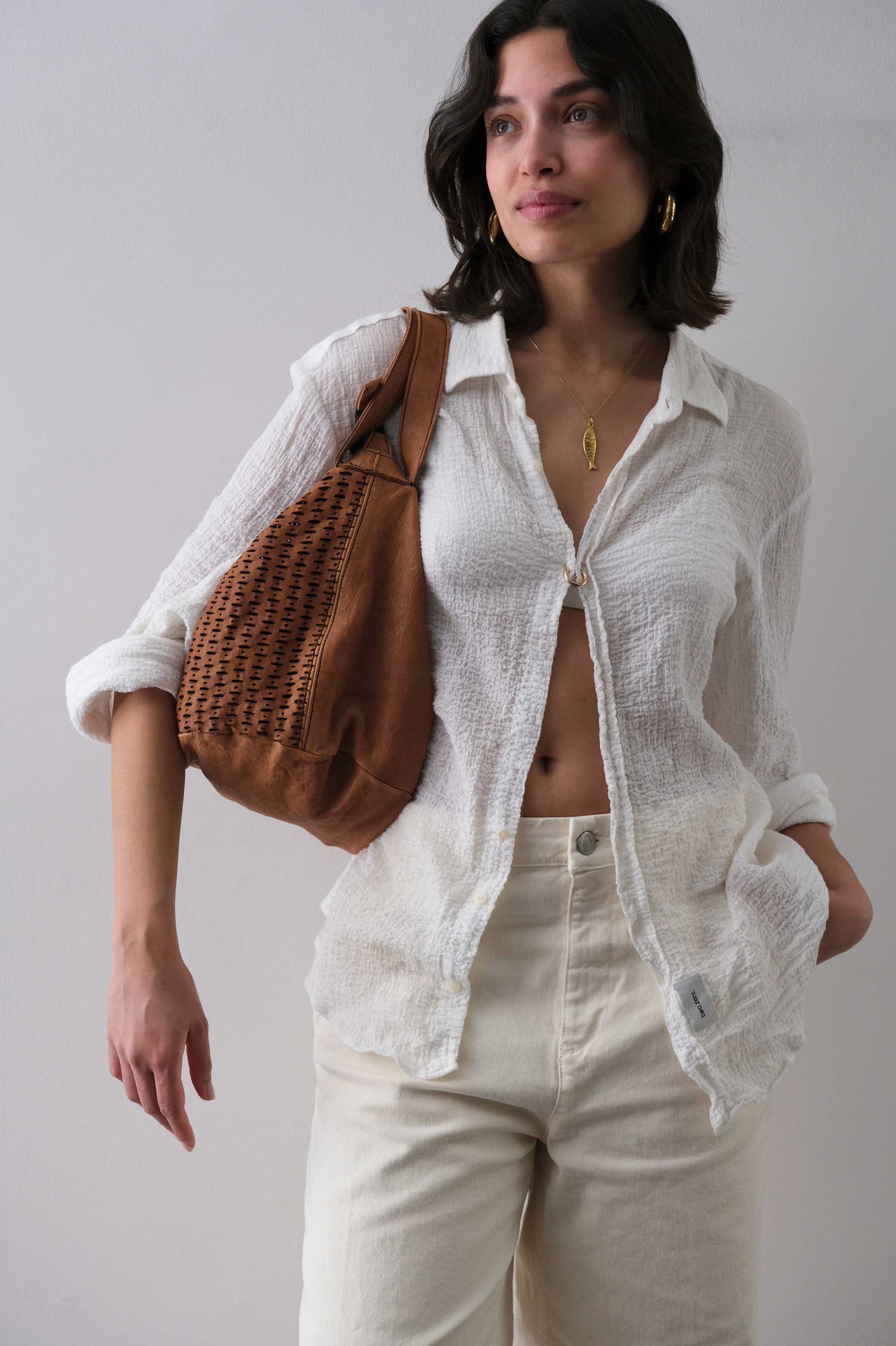 Carola bag cognac in morbida nappa traforata giunco - Made in Italy -