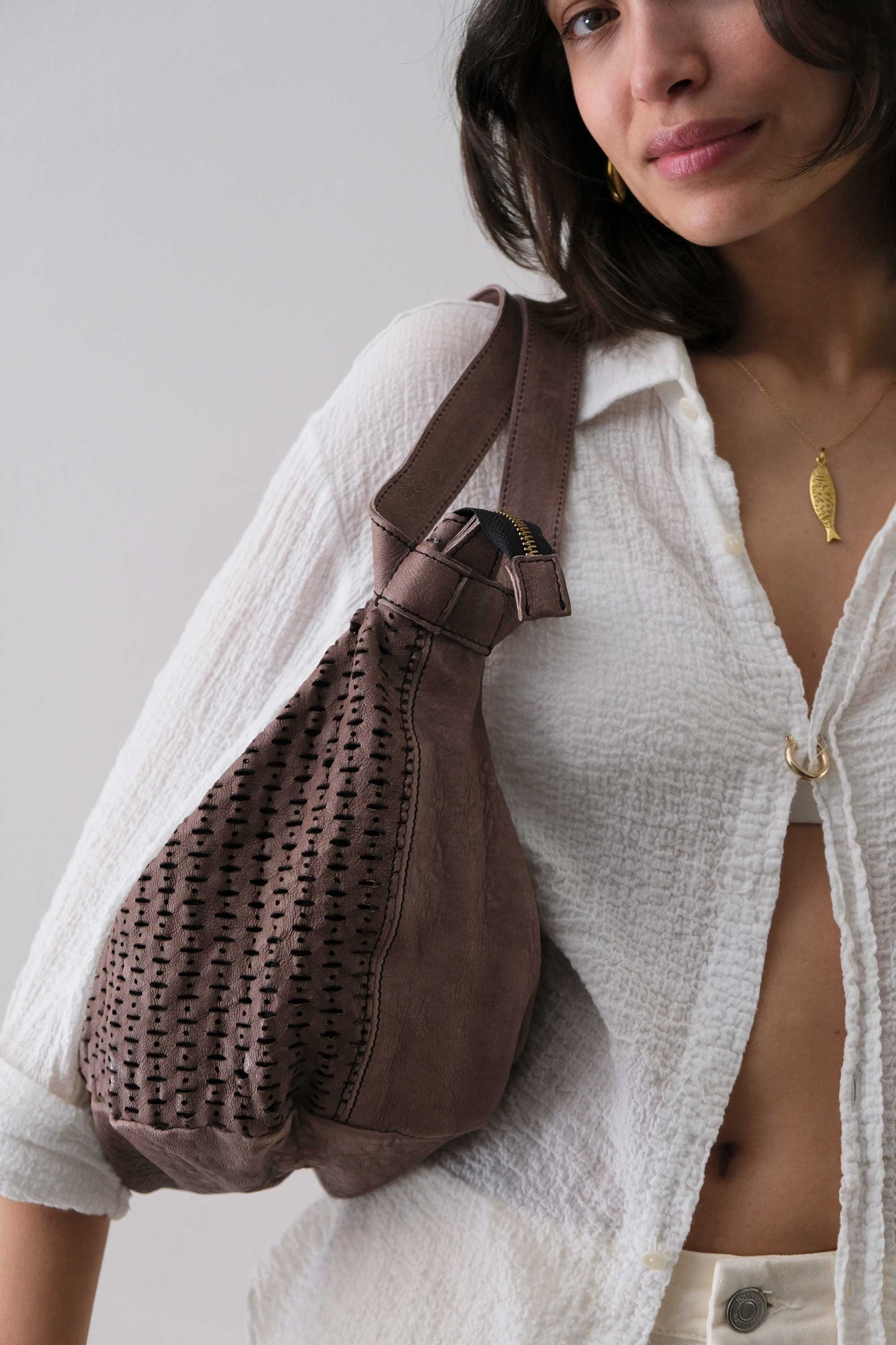 Carola bag in taupe perforated giunco soft leather - Made in Italy -