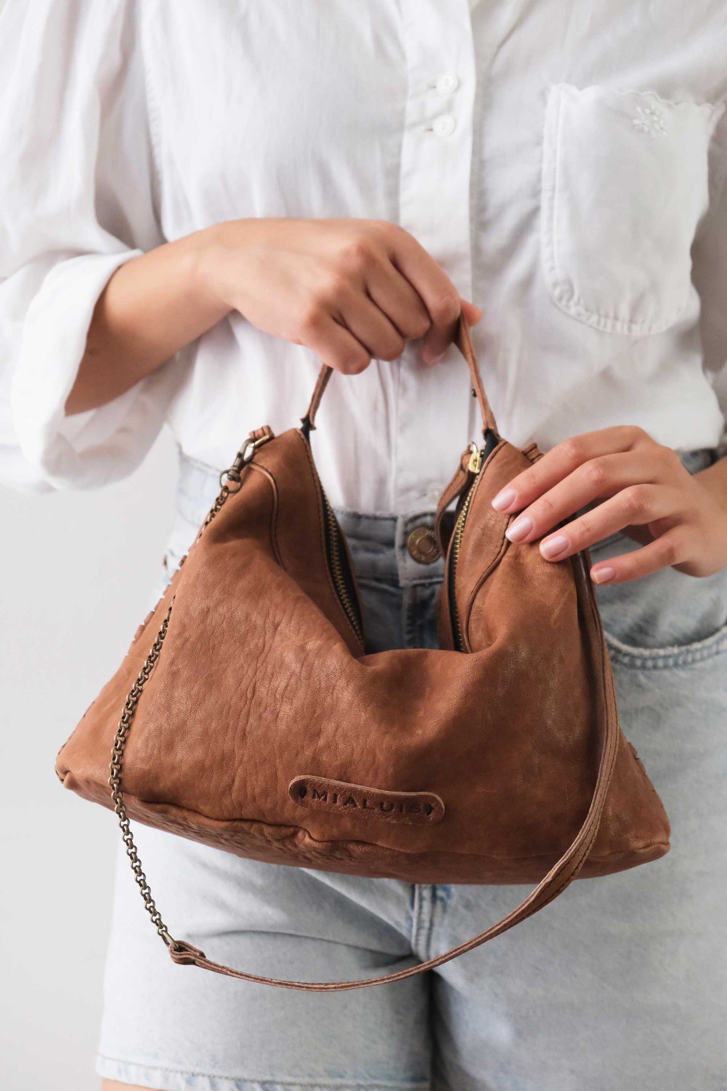 Chicca Media hobo bag in chocolate perforated giunco nappa - Made in Italy -