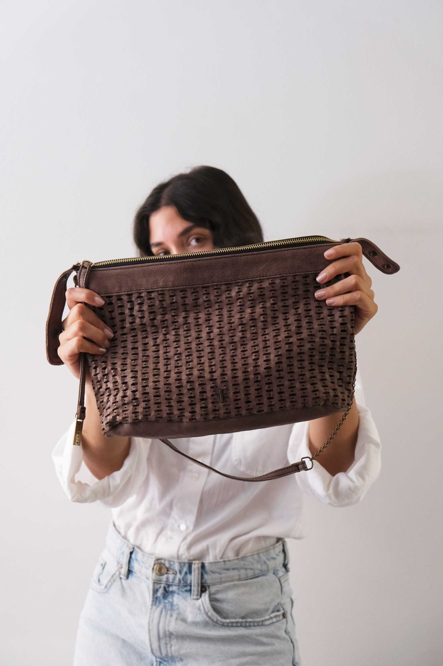 Chicca Media hobo bag in taupe perforated giunco nappa - Made in Italy -